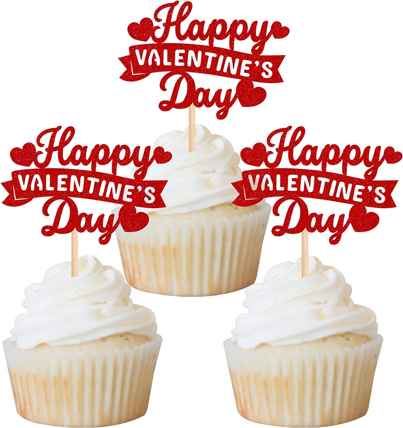Xsstarmi 24 Pack Happy Valentine's Day Cupcake Toppers Red Glitter Sweet Love Cupcake Food Picks Valentine Cupcake Topper for Happy Valentine's Day Birthday Party Cake Decorations Supplies