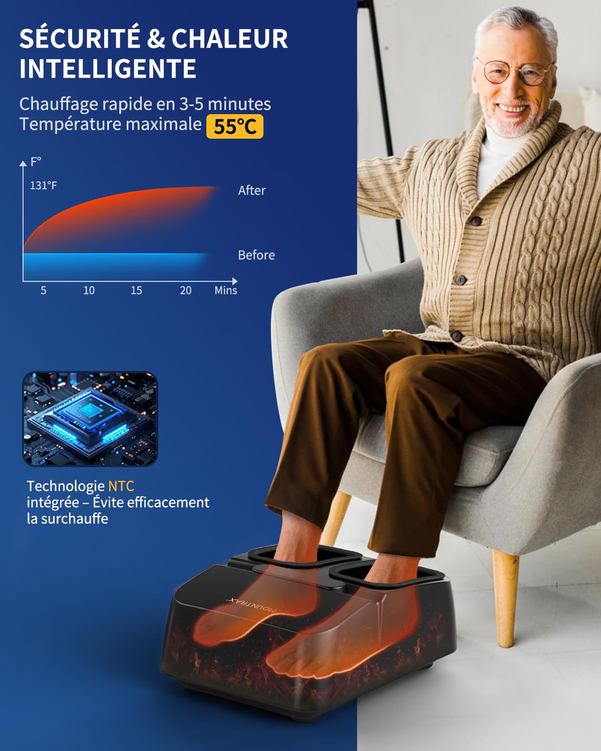Mountrax Massage Pieds avec Chaleur, Massage Pieds Shiatsu avec Pétrissage Profond, Masseur Pieds pour la Fasciite Plantaire et le Soulagement de la Douleur, Jusqu'à la Taille 46