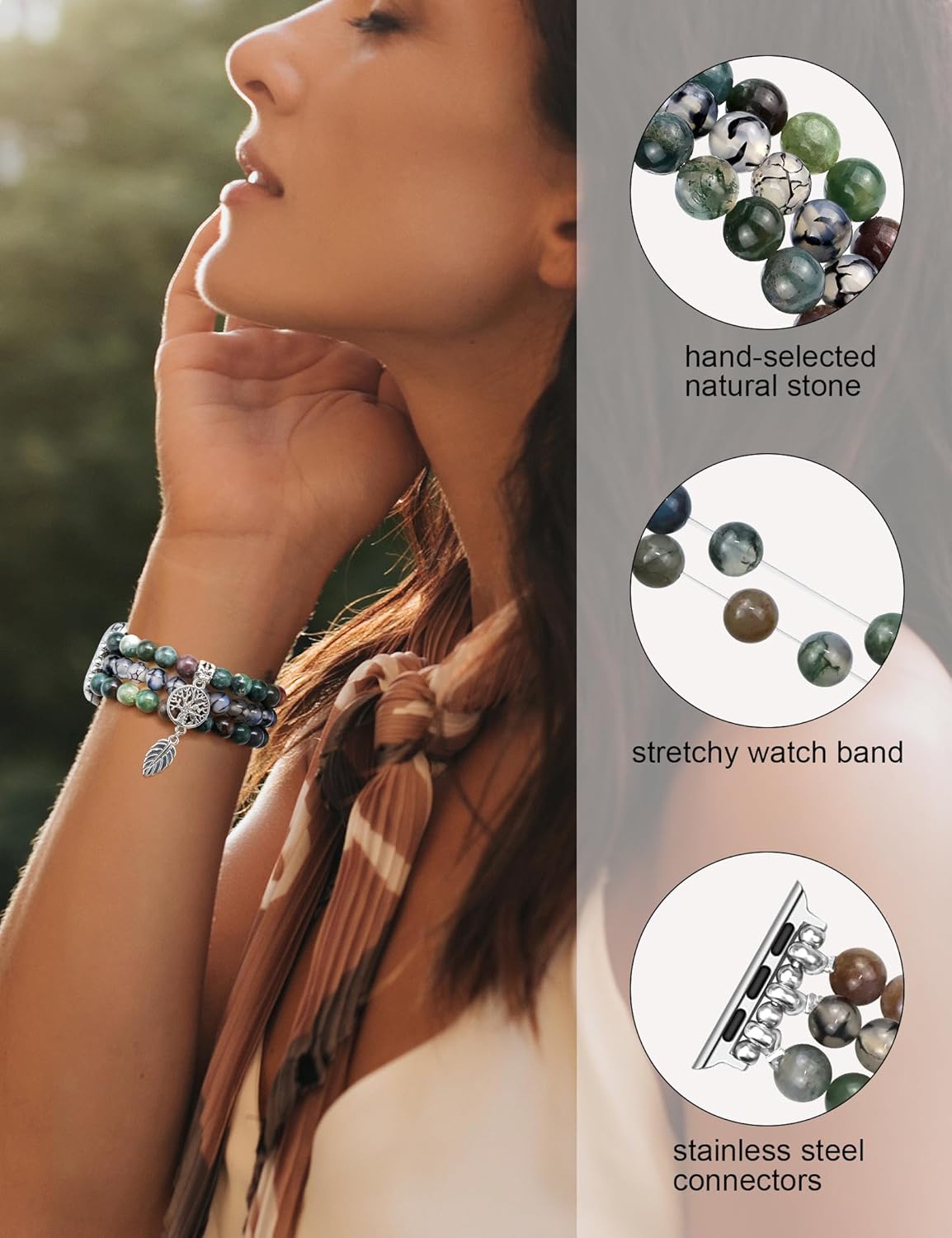 JR.DM Natural Stone Beaded Bracelet Bands for Women Compatible with Apple Watch 40mm 41mm 38mm 42mm(S10/11) Comfort Cool Elastic Strap Replacement for iWatch Series 11/10/9/8/SE/7/6/5/4/3/2/1 - Image 2