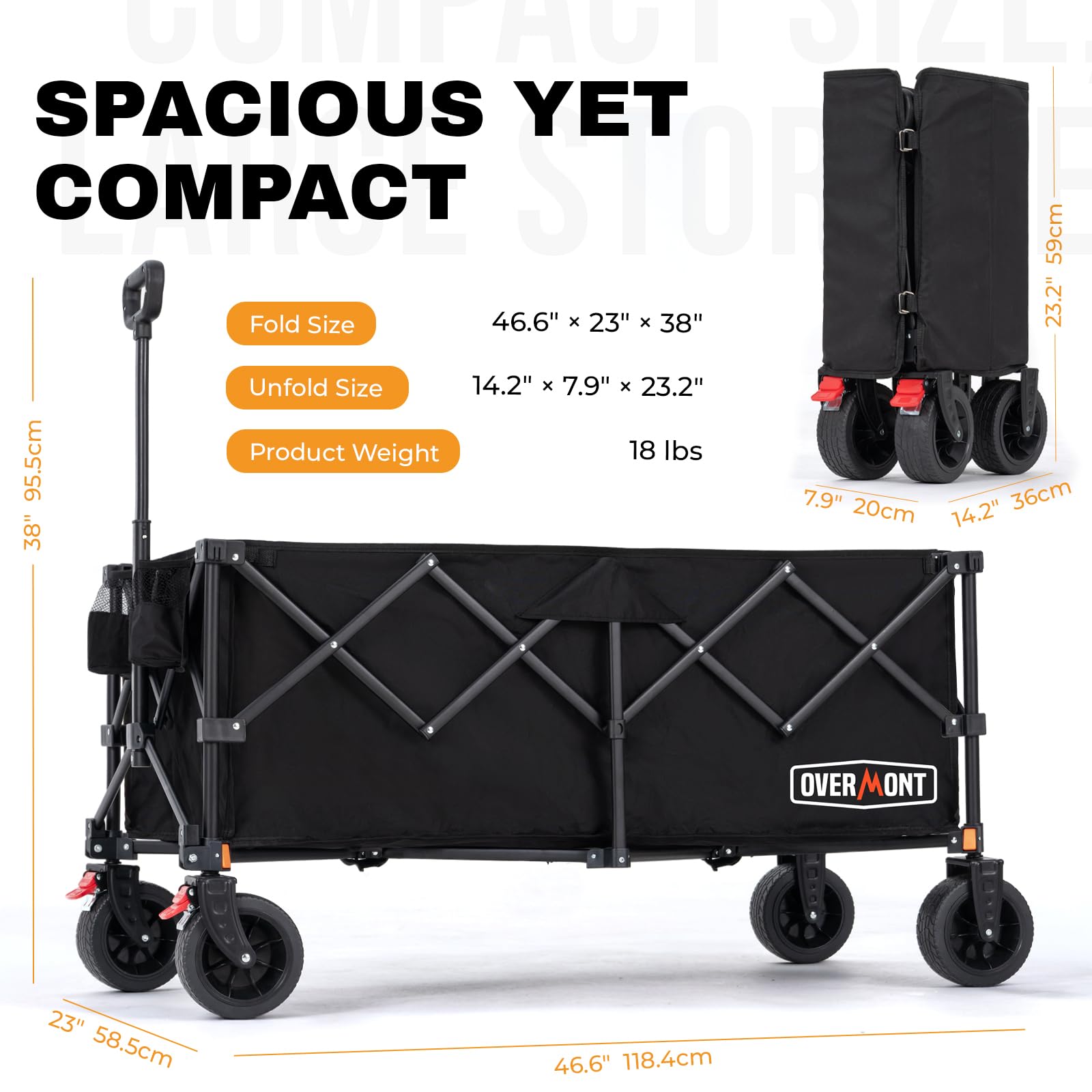 Overmont XXXL składany wózek, bardzo długi (118 cm), pojemność 270 l, nośność 200 kg, do dużych obciążeń, składany wózek z dużymi kołami terenowymi – na kemping, do ogrodu, na plażę, zakupów, sportu