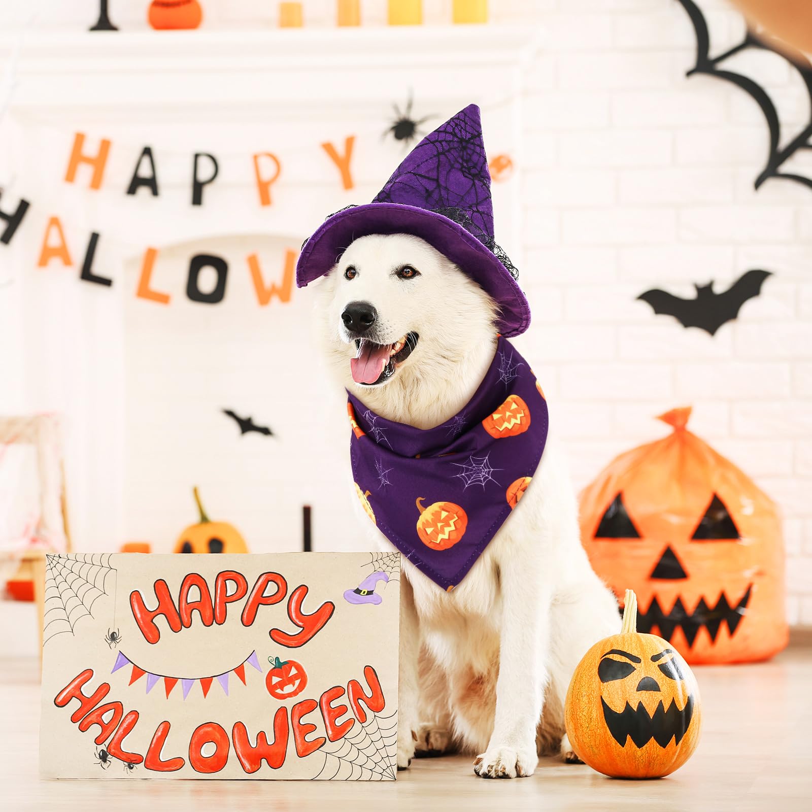 Silkfly Lot de 50 bandanas d'Halloween pour chien en vrac pour chiens, bavoirs triangulaires pour chien, bandanas pour chien avec motif citrouille et araignée, écharpe pour animal domestique pour