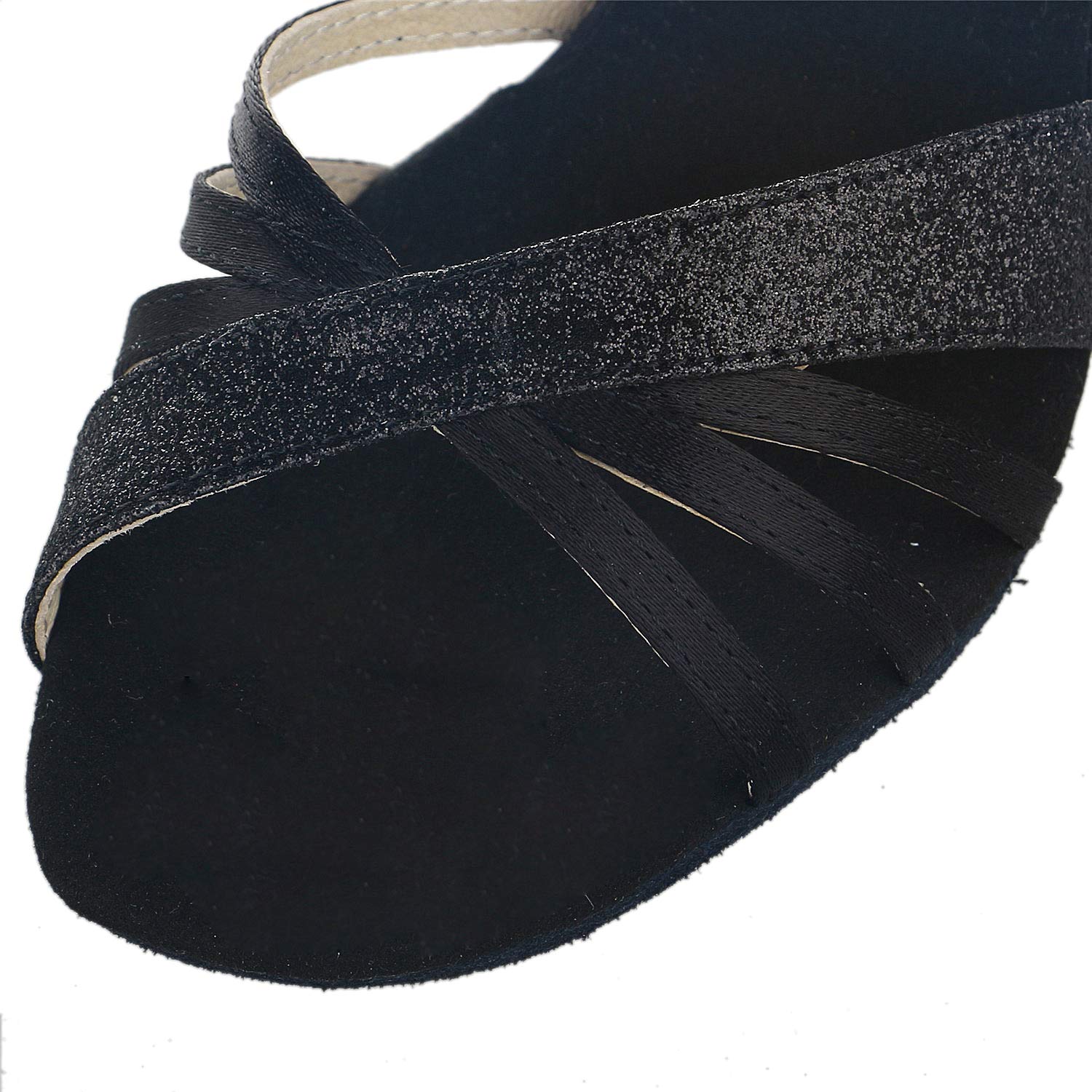 JIA JIA 20521 latynoskie sandały damskie 5 cm rozkloszowany obcas super satyna z błyszczącym brokatem buty do tańca, Czarny, 37 EU