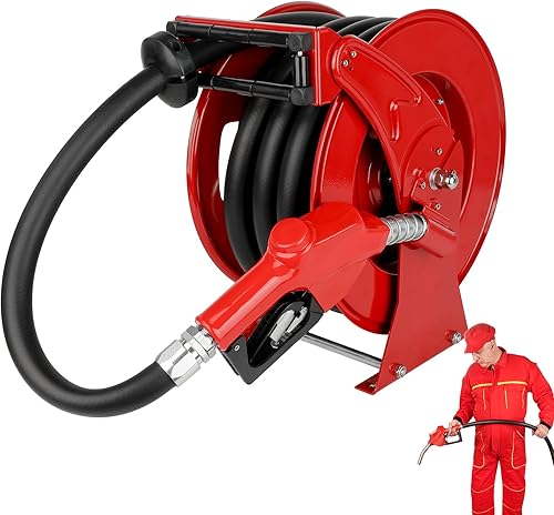 Carrete de manguera de combustible diésel retráctil de 1 pulgada x 33 pies con boquilla de combustible, rebobinado automático accionado por resorte,