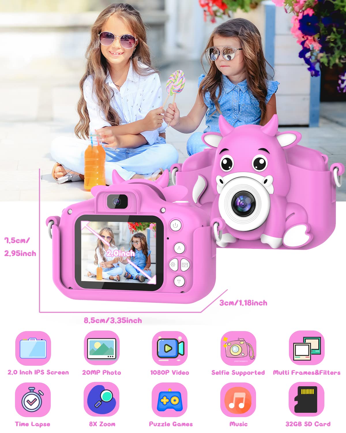 Appareil Photo Enfant GREENKINDER 2.0 Pouces - 1080P HD - 32GB - Cadre Dinosaure - Pour 3-12 Ans