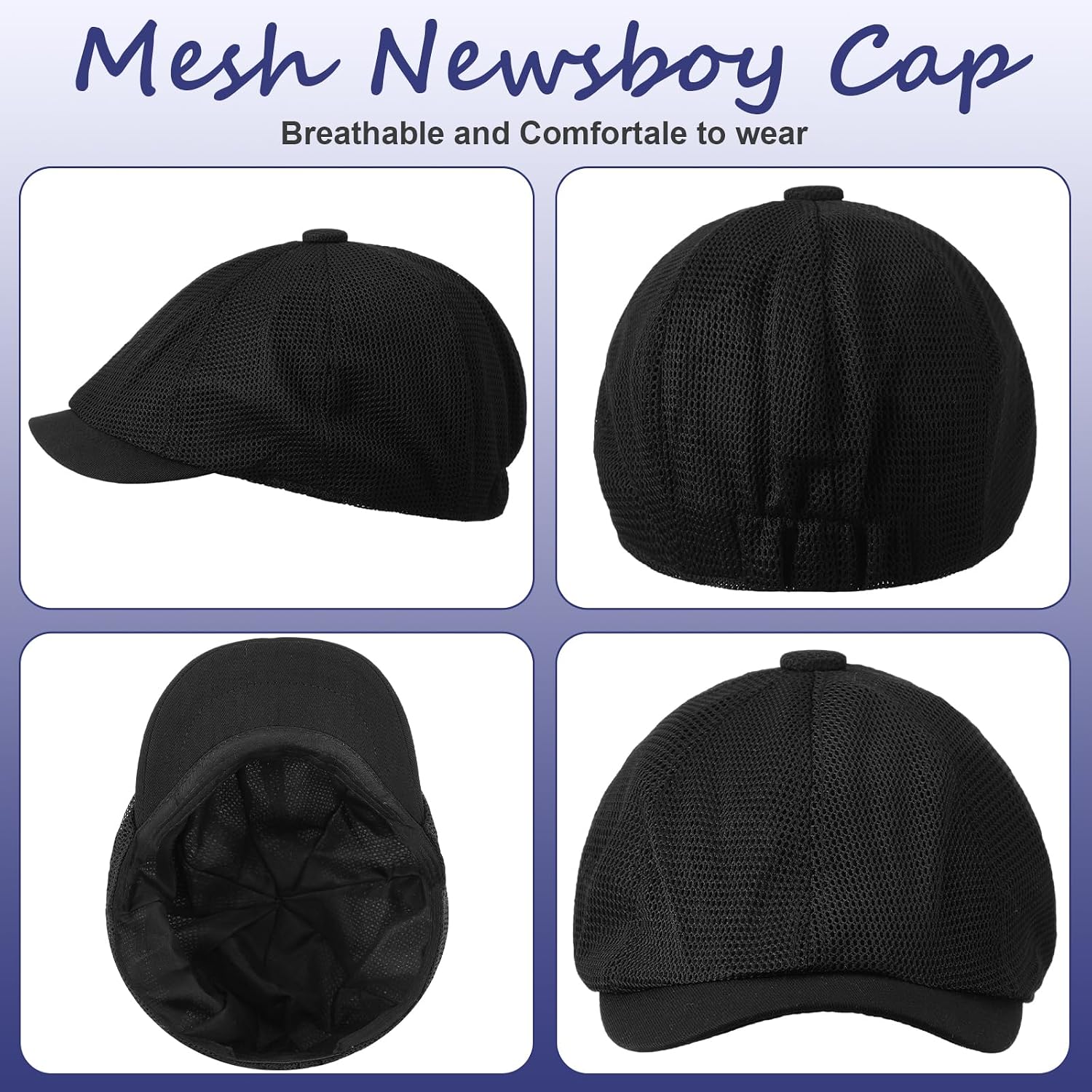 12 Pcs Men's Black Mesh Flat Cap Breathable Summer Adjustable Newsboy Hats Cabbie Hunting Cap Beret