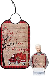 BOBOWUNY Valentines Truck Adult Bibs for Elder Women Men Eating, Red Black Plaid Love Heart Tree Vintage Wood Waterproof & Washable Bibs for Eating Clothing Protector Dining Bibs for Crumb Catcher
