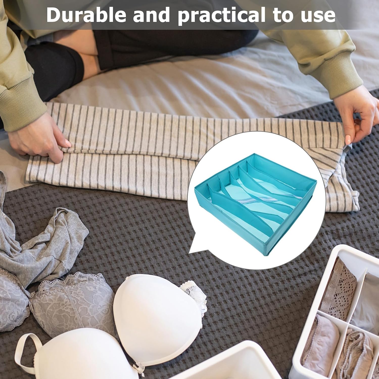 Bra Closet Storage Box Organizer, Foldable Polyester Underwear Drawer Divider, Blue, 1pcs, Underwear and Bra Organizer for Closet and Dresser Storage