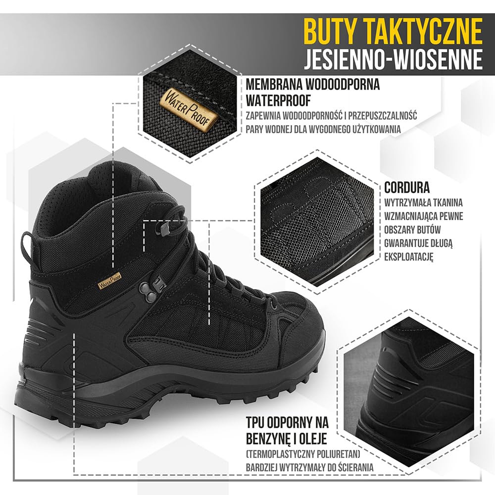 M-Tac Buty Taktyczne Trekkingowe Jesienno-Zimowe Wodoodporne (5, Black, 44, Unijne rozmiary obuwia, Dla dorosłych, Alpha, Średnia, Średnia)