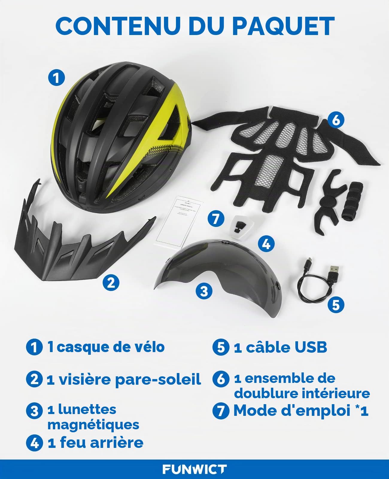 Casque Velo Homme Femme avec Visiere et Lunettes Détachables, Casque Vélo Casques VTT avec Feu Arrière à LED Rechargeable, Casque Cyclisme pour Adulte et Adolescent (XL: 59-63 cm, Noir Jaune)