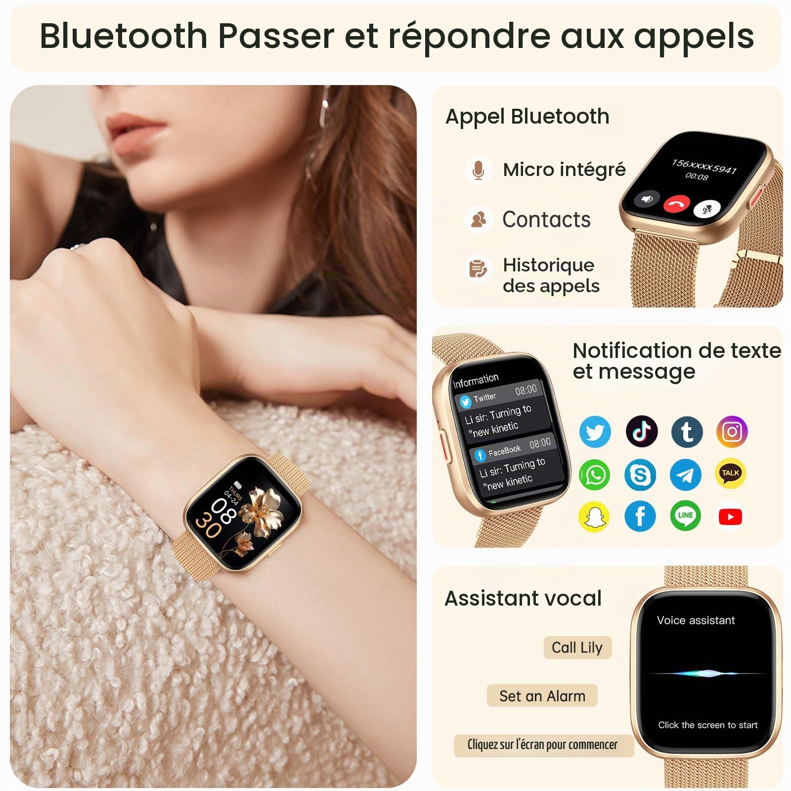 Montre Connectée Femme, 1.91" HD Smartwatch Fonction Féminine avec Appel Bluetooth 5.4, 120+ Modes Sportifs, 200+ Cadrans personnalisés, 24H Moniteur Sommeil/FC/SpO2, Android iOS, Or Rose