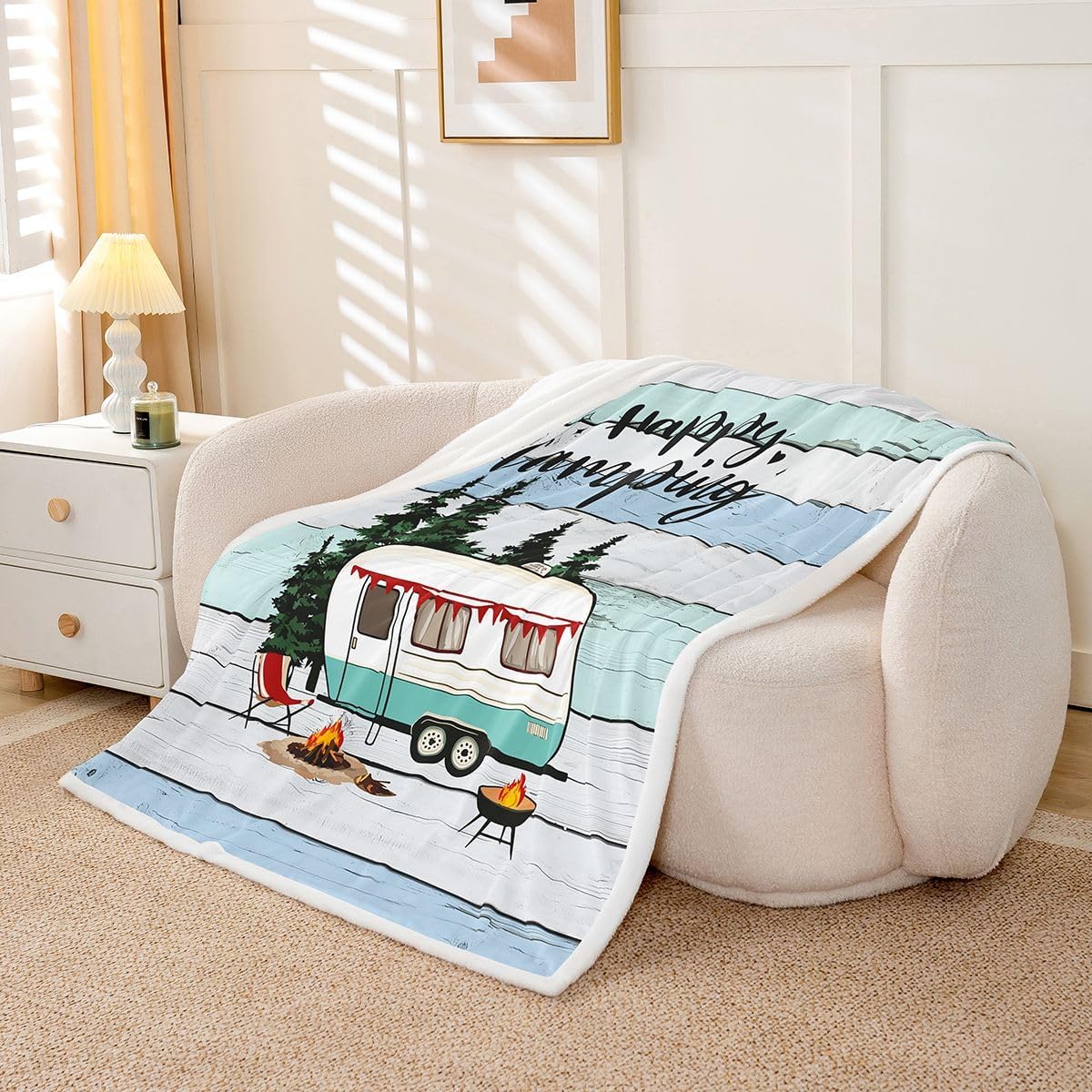 Feelyou Camper Fleece Throw Blanket Happy Camping Sherpa Blanket for Kids Women Men Plush Fuzzy Camper Accessories for Travel Trailers Twin 60"x80" for Bed Couch Chair Living Room Bedroom Decor