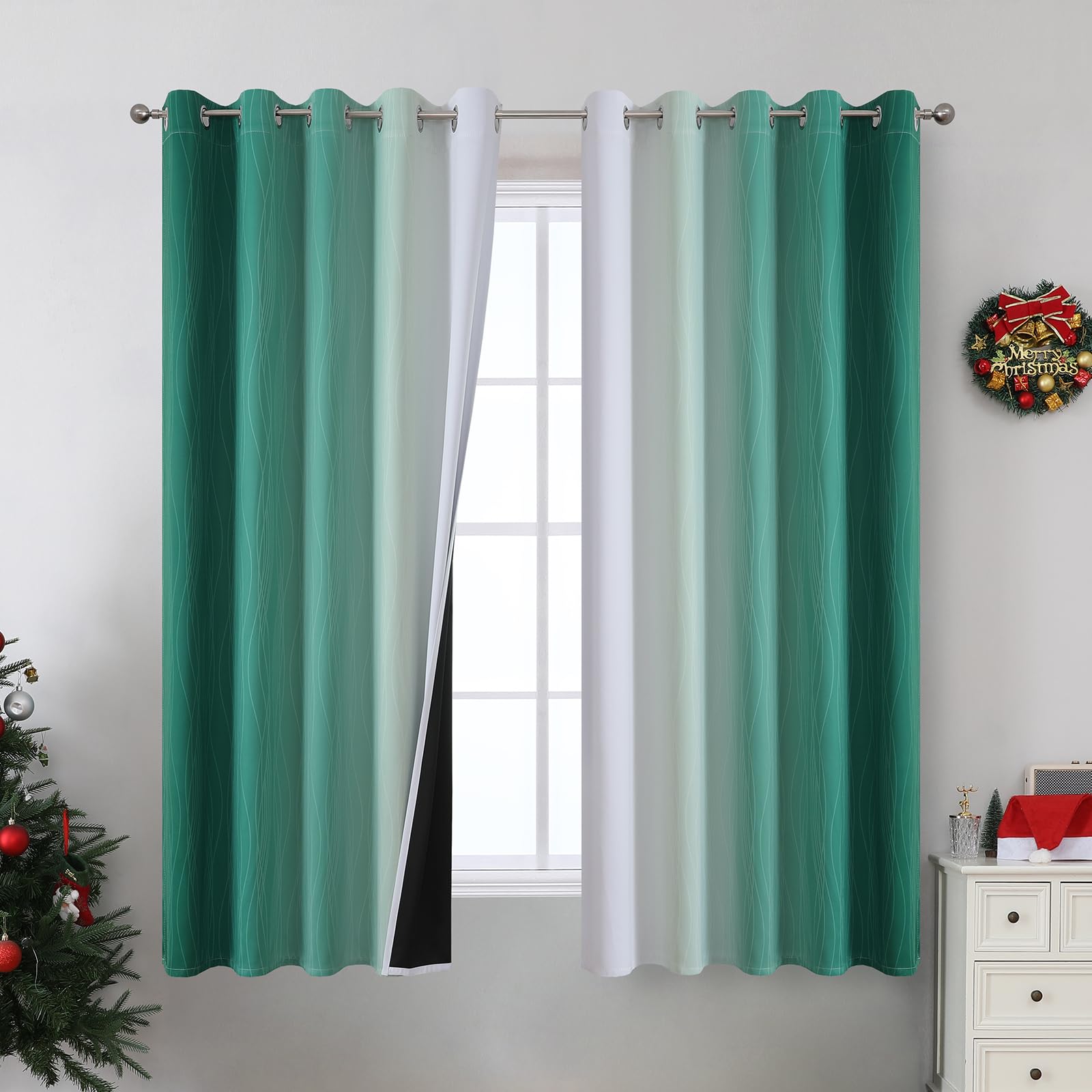 Estelar Textiler Green and Greyish White Blackout Curtains 62Wx63L 2 Panels