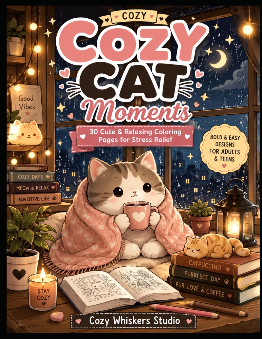 Cozy Cat Coloring Book: Bold and Easy Relaxing Coloring Pages for Adults, Teens & Stress Relief
