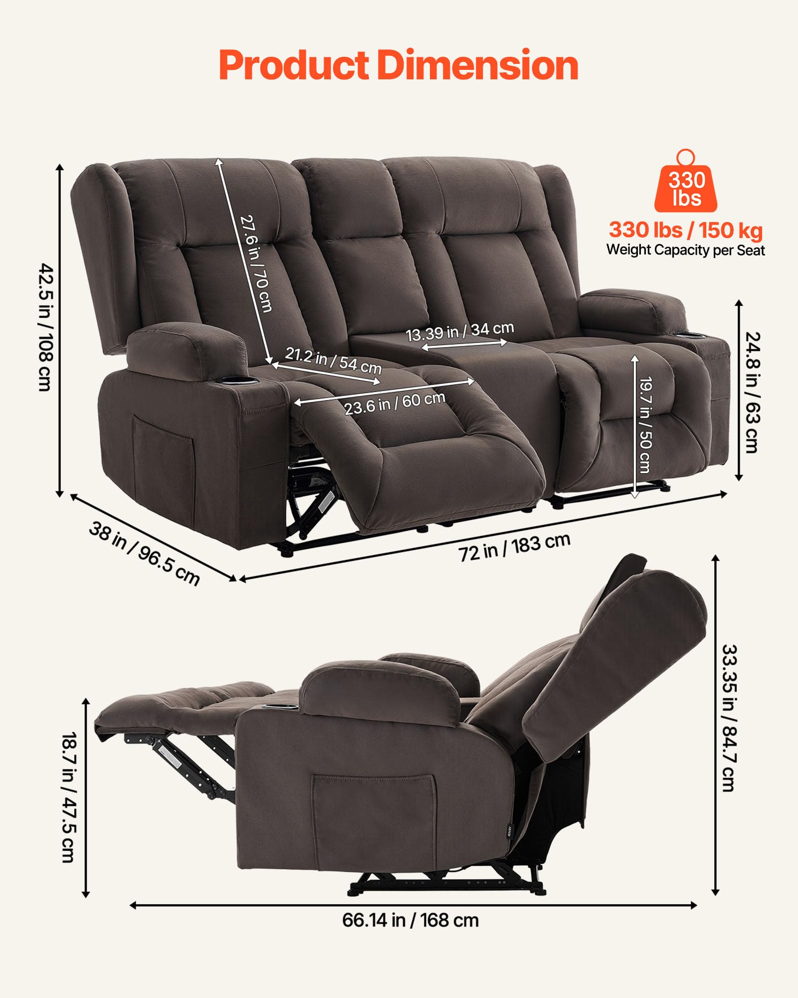 VEVOR Loveseat Relaxsessel elektrische Liegecouch mit Wärmefunktion & Massage, Massagesessel mit zentraler Steuerung & USB-Anschlüssen & Getränkehaltern & Seitentaschen, Sofa für Wohnzimmer Braun