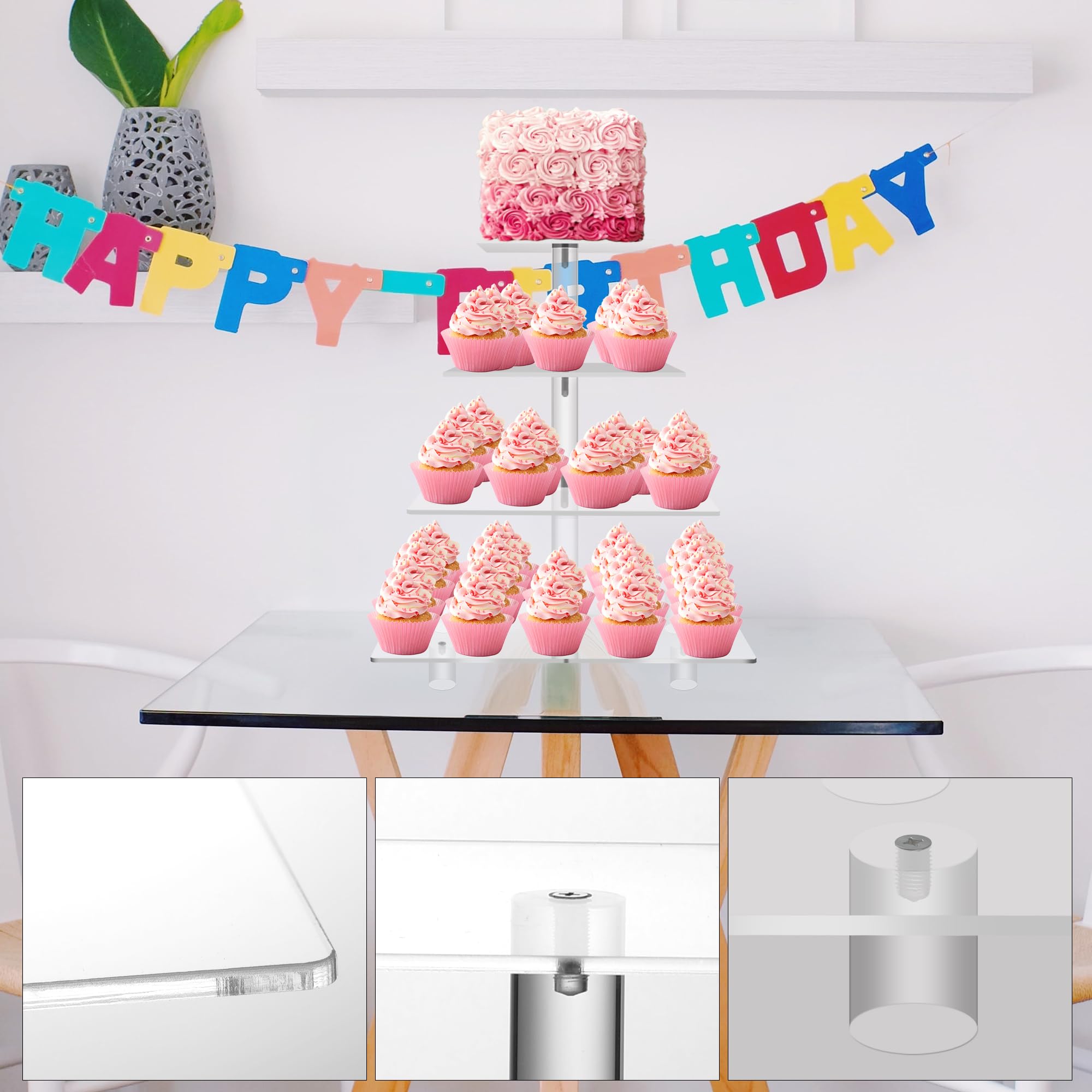 Jusalpha® 4 nivel Plaza acrílico Magdalena torre soporte pastel postre Stand Soporte-Cupcake porta-pastelería servir plato-Magdalena torre para boda Supply(4 Tier With Rod Feet)