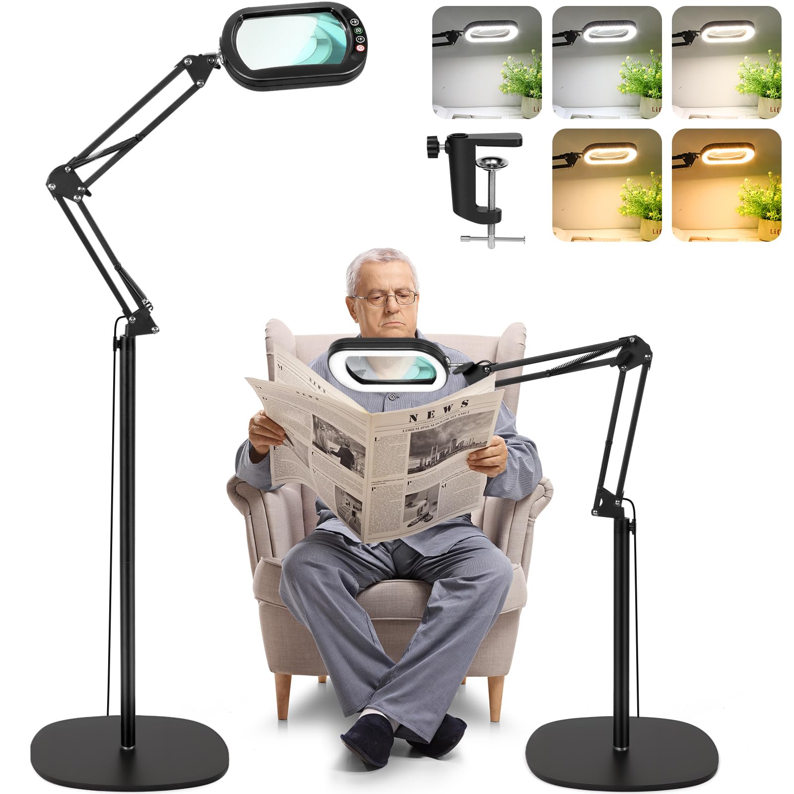 Lupa 10X con luz y soporte, lentes de cristal óptico, lámpara de pie con lupa 3 en 1, 5 modos de color, lámpara con lupa regulable, lupa de pie manos libres para pintar, coser y trabajos de precisión.