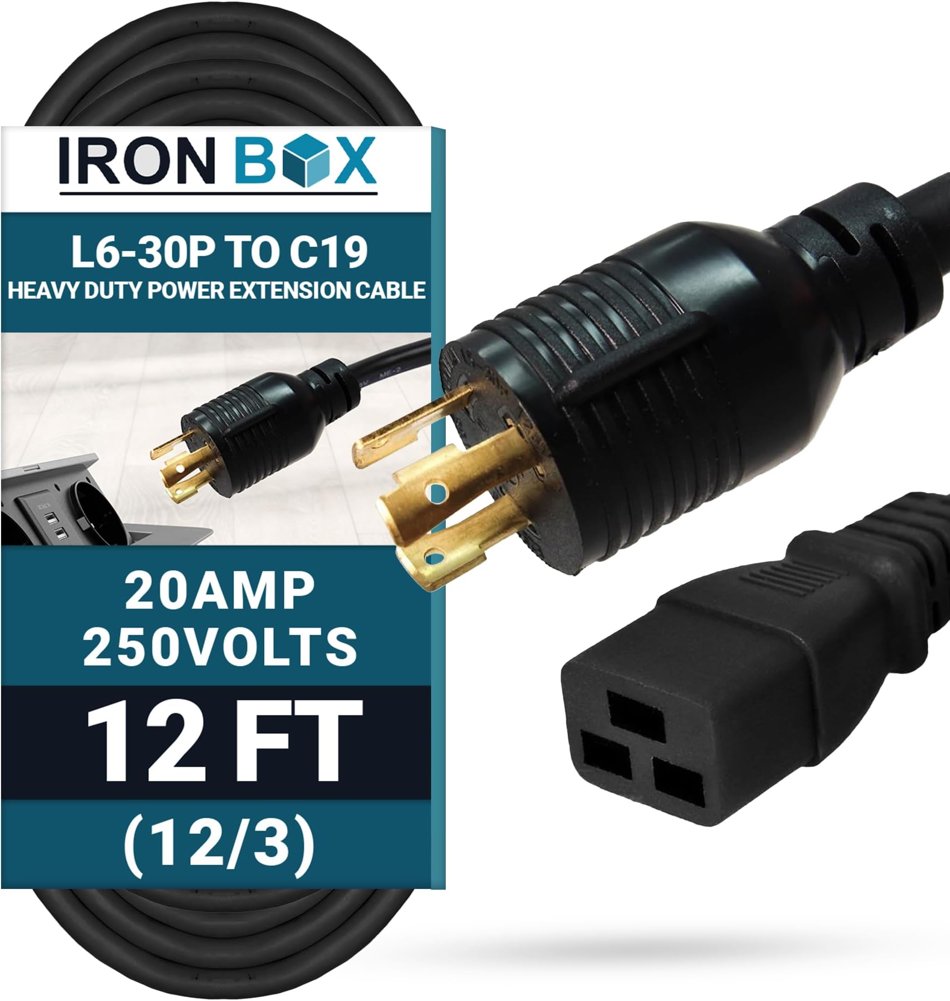 IronBox Electric NEMA L6-30P to C19 Power Cord - 20Amp, 250V, 12/3 SJT - UL Listed Heavy Duty Power Extension Cable for Generator, Data Centers, Outdoor Use, High-Powered Applications & More (12 ft)
