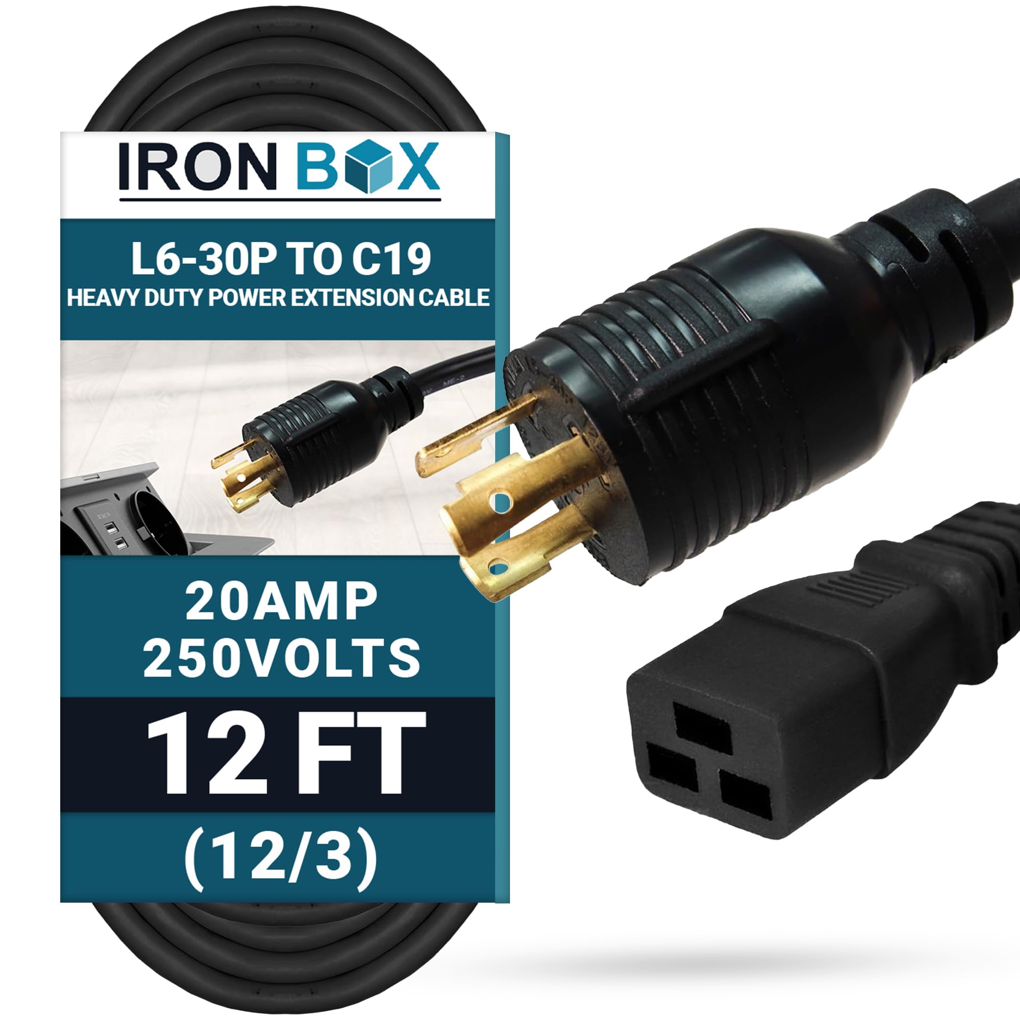 IronBox Electric NEMA L6-30P to C19 Power Cord - 20Amp, 250V, 12/3 SJT - UL Listed Heavy Duty Power Extension Cable for Generator, Data Centers, Outdoor Use, High-Powered Applications & More (12 ft)
