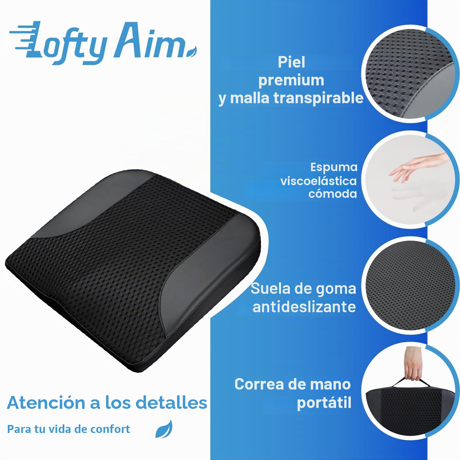 Cojín de asiento de coche: cómodo cojín de espuma viscoelástica para conducir, para aliviar el dolor de ciática, tailobone, cojín de asiento para coche, camión, oficina, silla de ruedas, cuero negro y