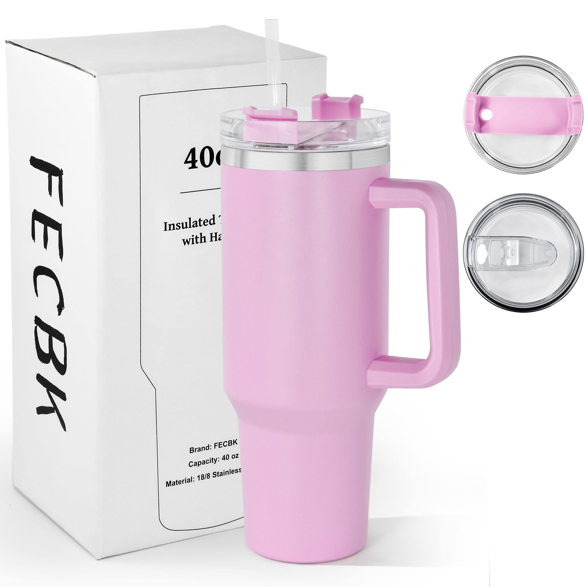 FECBK40oz Tumbler with Straw and Lid 1.2L, 100% Leak-Proof Travel Mug with Handle, Stainless Steel Vacuum Insulated Water Bottle Keeps Cold for 34H / Hot 12H, Dishwasher Safe, Lilac