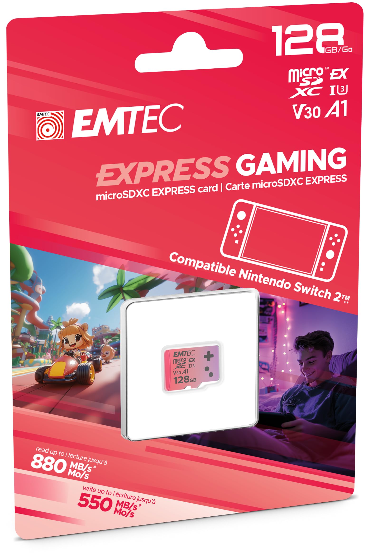 EMTEC - Carte MicroSDXC 128GB UHS-I U3 V30 A1 Express Gaming, Compatible Nintendo Switch 2, Haute Vitesse jusqu'à 880Mb/s, Stockage Étendu, Idéale pour Jeux Vidéo et Applications