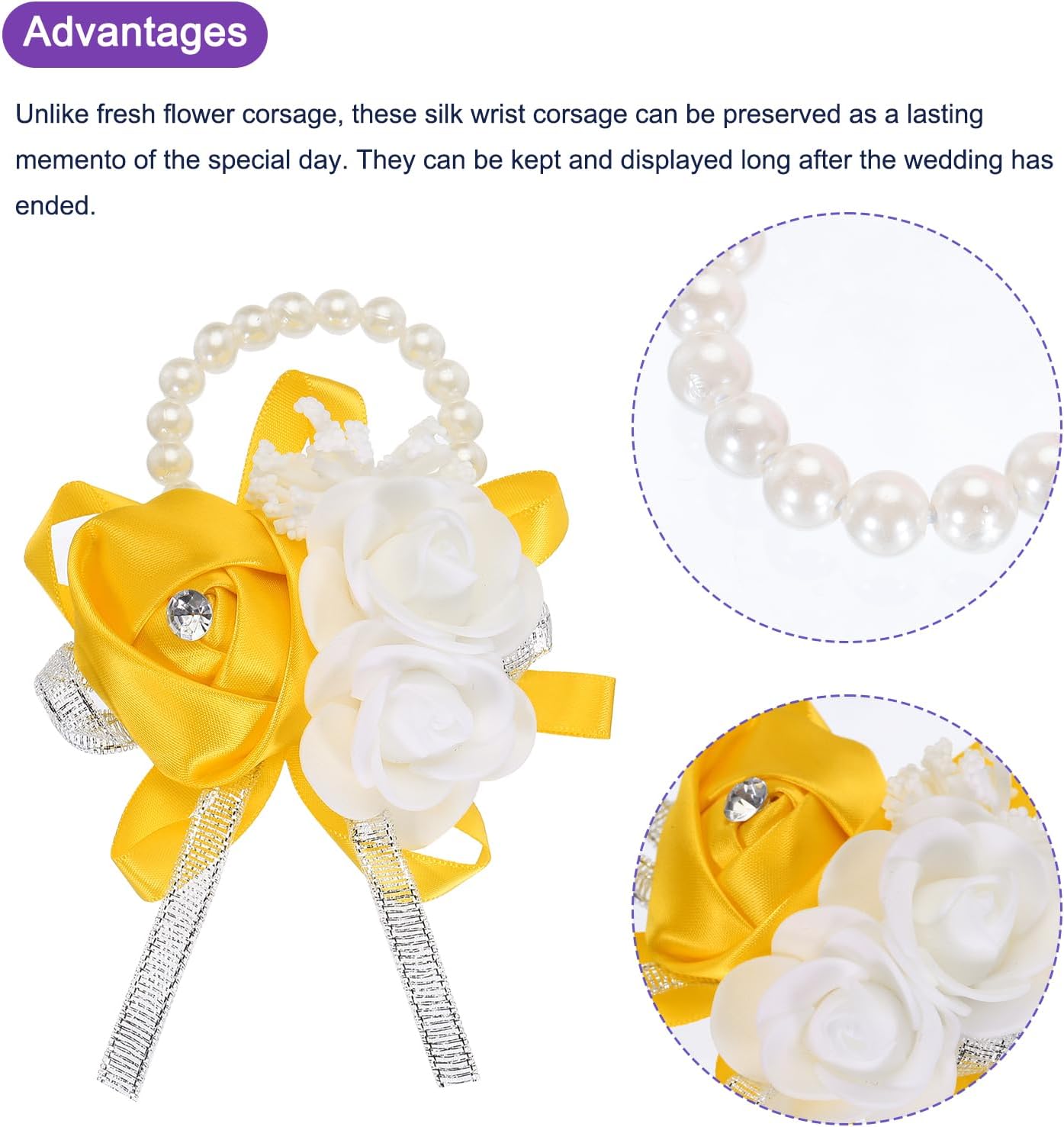 MECCANIXITY 12Pcs Wrist Corsage Artificial Flower Bracelets Rose Wrist Bride Groom Decorative for Wedding Ceremony Prom Party Anniversary Gold Tone