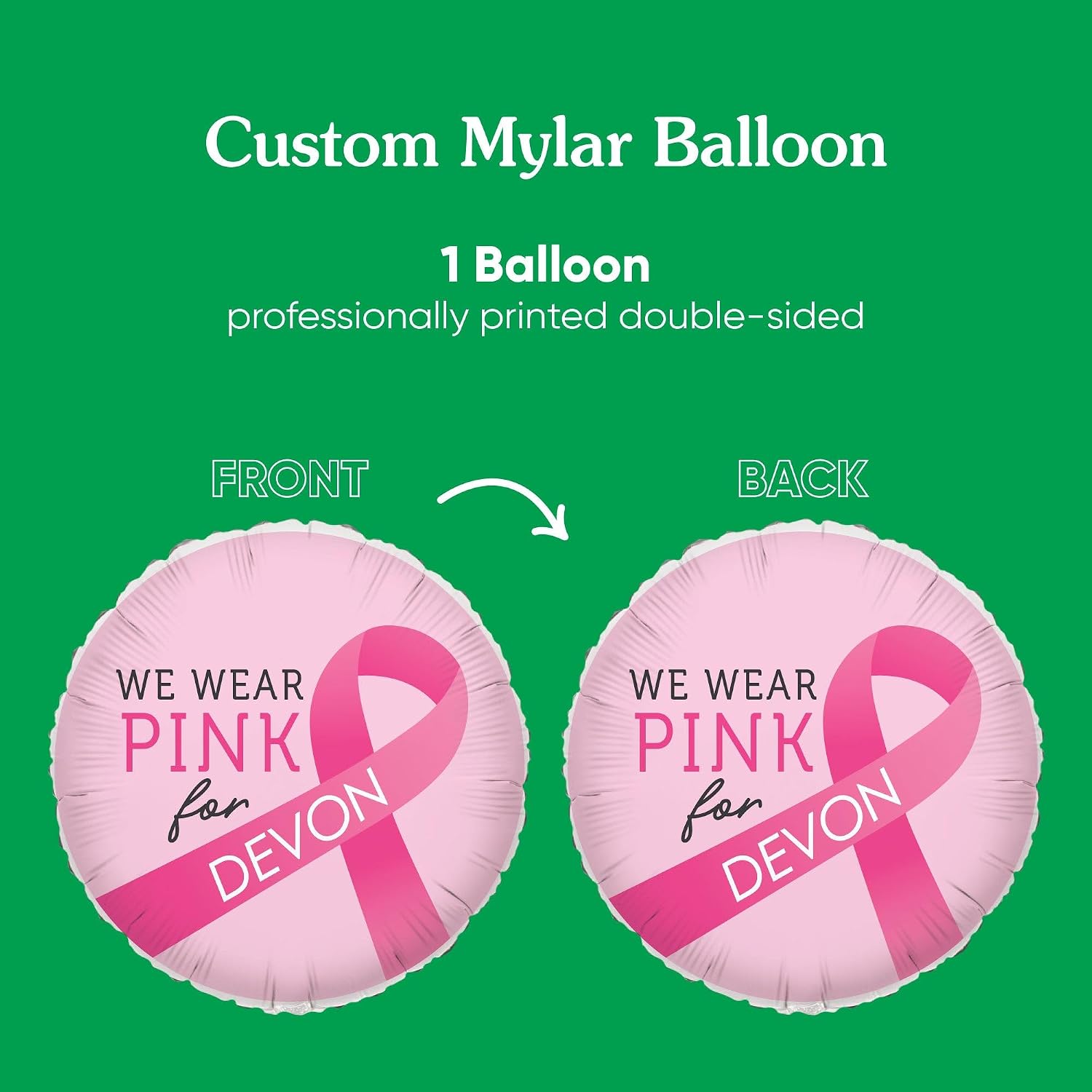 Big Dot of Happiness Personalized We Wear Pink For - Pink Ribbon Balloon - Breast Cancer Awareness Support Decoration, Custom Name Double-Sided Circle Mylar - 1 Piece