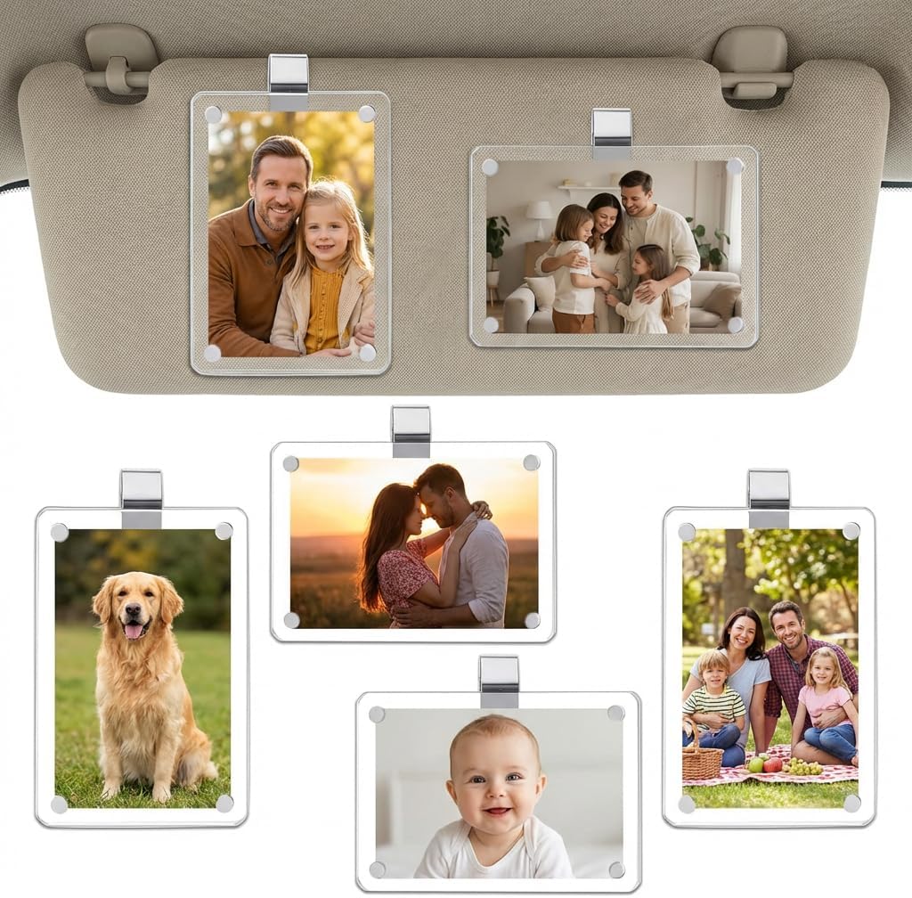 YOJO 4 Pack Car Picture Holder, Sun Visor Photo Clip 2.4"x3.5", Personalized Acrylic Visor Clip, Magnetic Picture Frame, Car Accessories, Valentines Day Gifts for Him Boyfriend