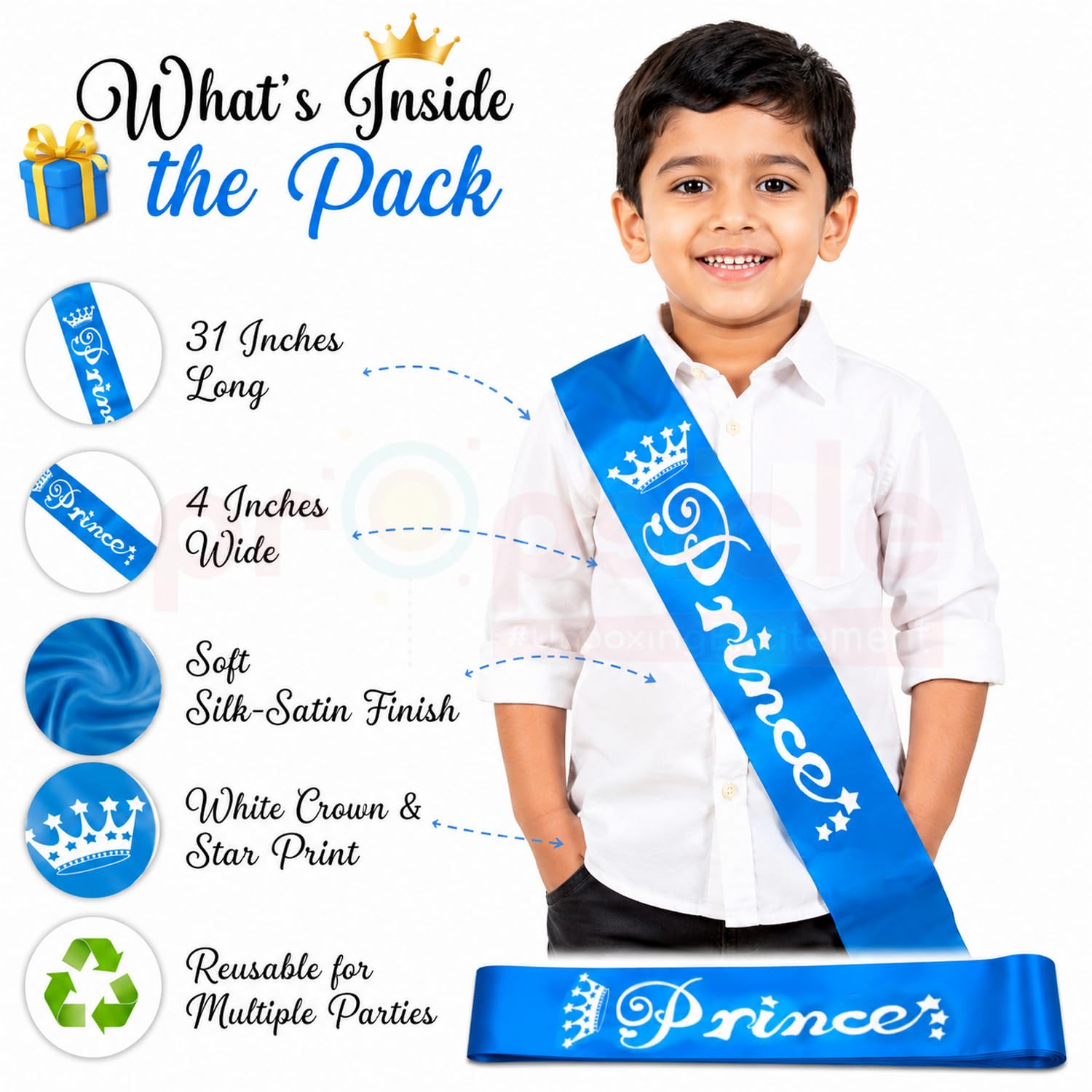 Propsicle Prince Theme Birthday Sash for Boys, Blue Satin, Pack of 1