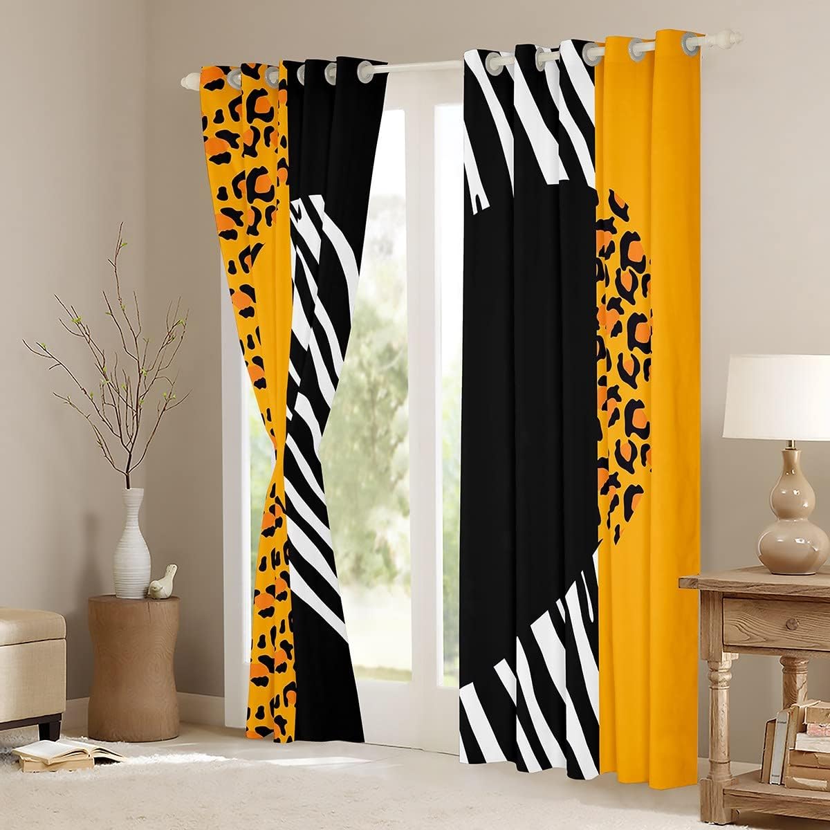 Orange Leopard Blackout Curtain Romantic Heart Print Window Drapes, Black White Yellow Cheetah Zebra Print Window Treatments for Kid Girls Room Decor, Grommet Top 2 Panel Set Curtains, 42Wx84L inch
