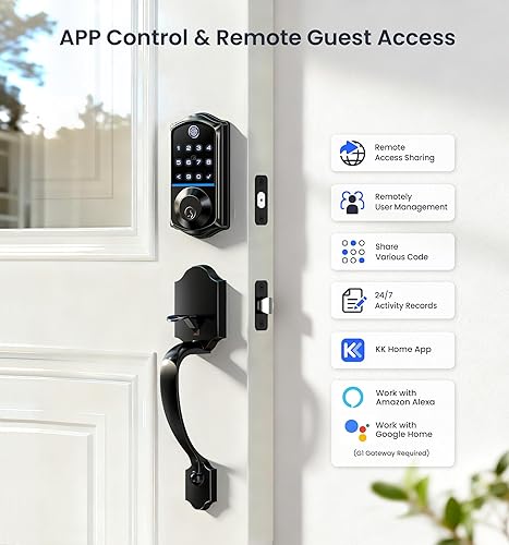 Miniatura 2 de Veise VE017-H - Juego de cerradura inteligente para puerta delantera, control de aplicación, cerrojo de entrada sin llave con asa, cerrojo