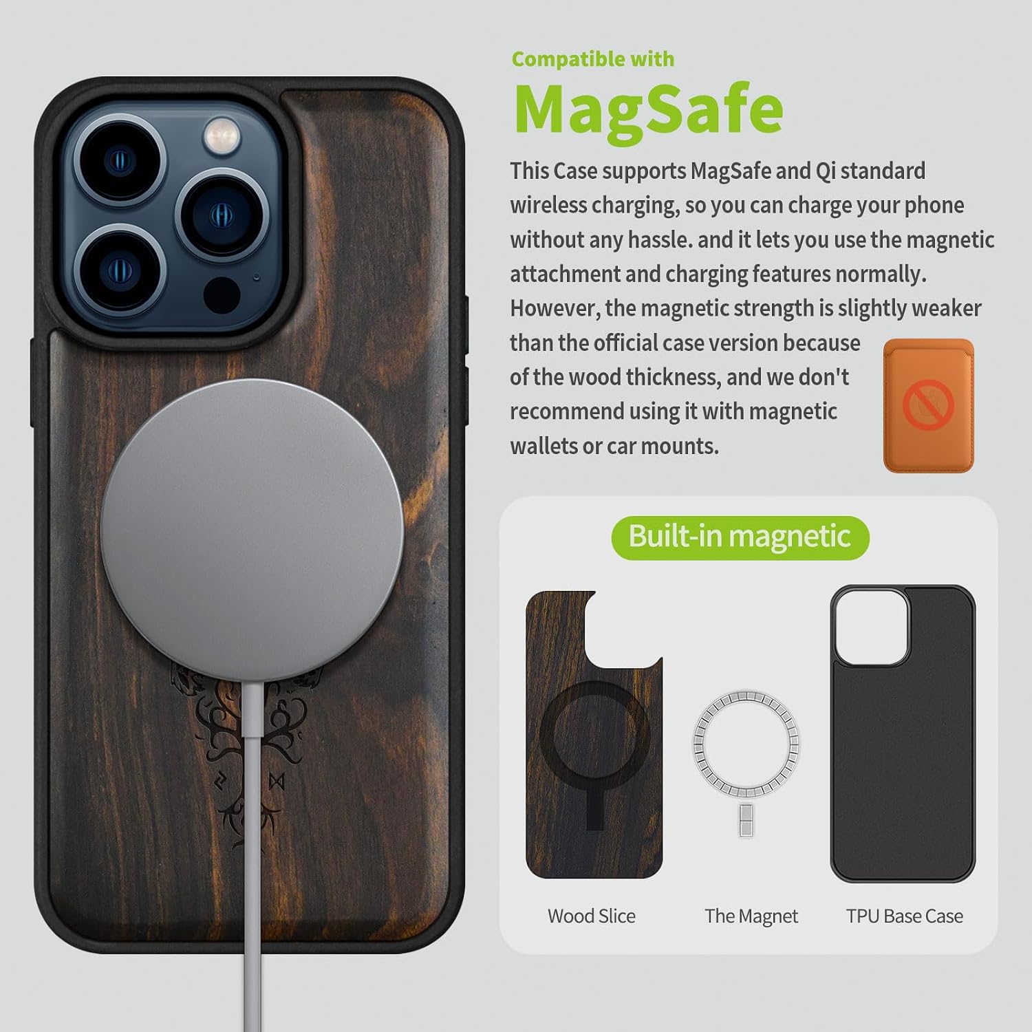 Carveit Wooden Case for iPhone 15 Pro Magnetic Case, Compatible with MagSafe Wireless Chargers, Shockproof Cover, Handmade Shell Inlaid & Wood Artisan Engraved (Viking Symbol) Blackwood