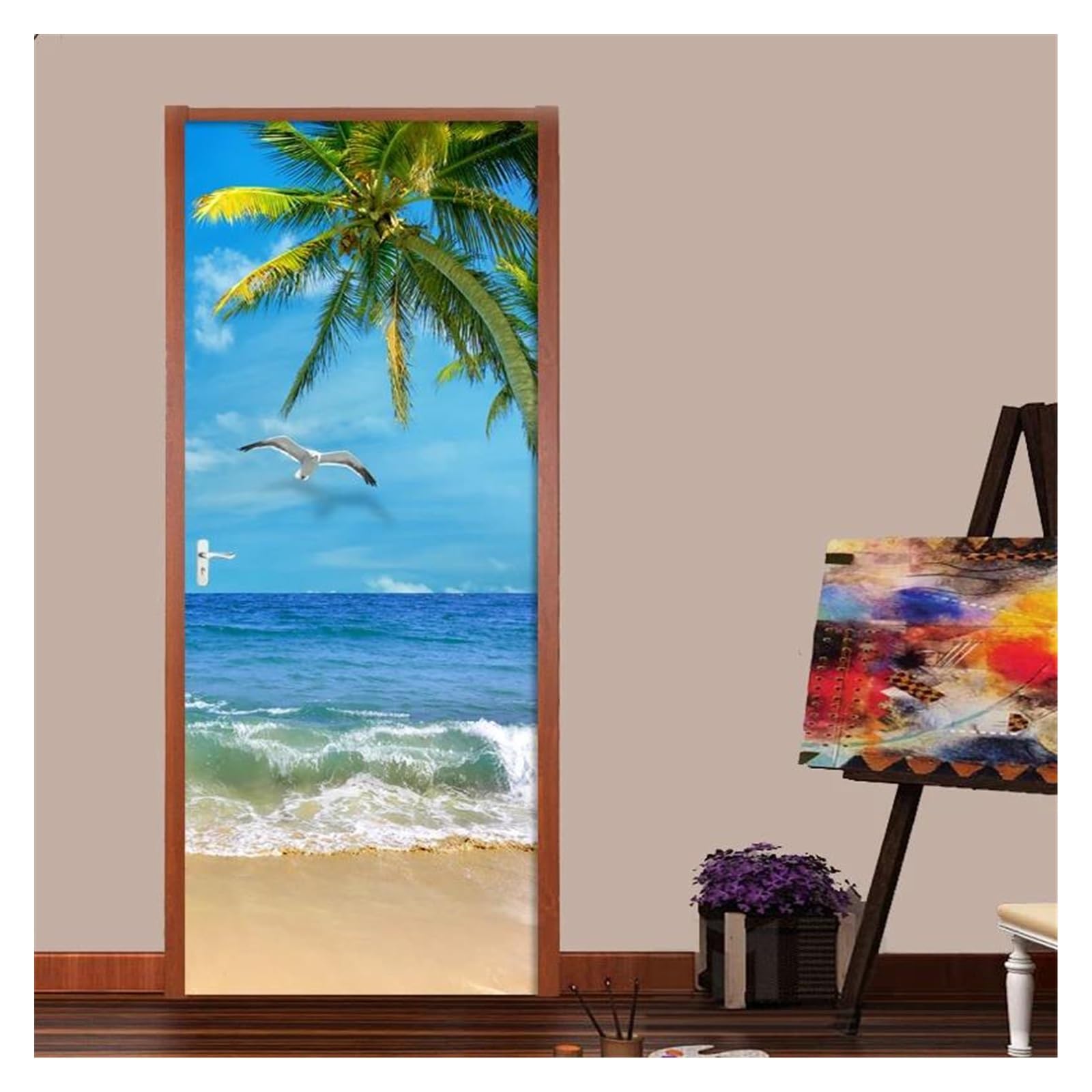 Papier peint de porte en PVC haute résolution effet 3D bord de mer 95x215