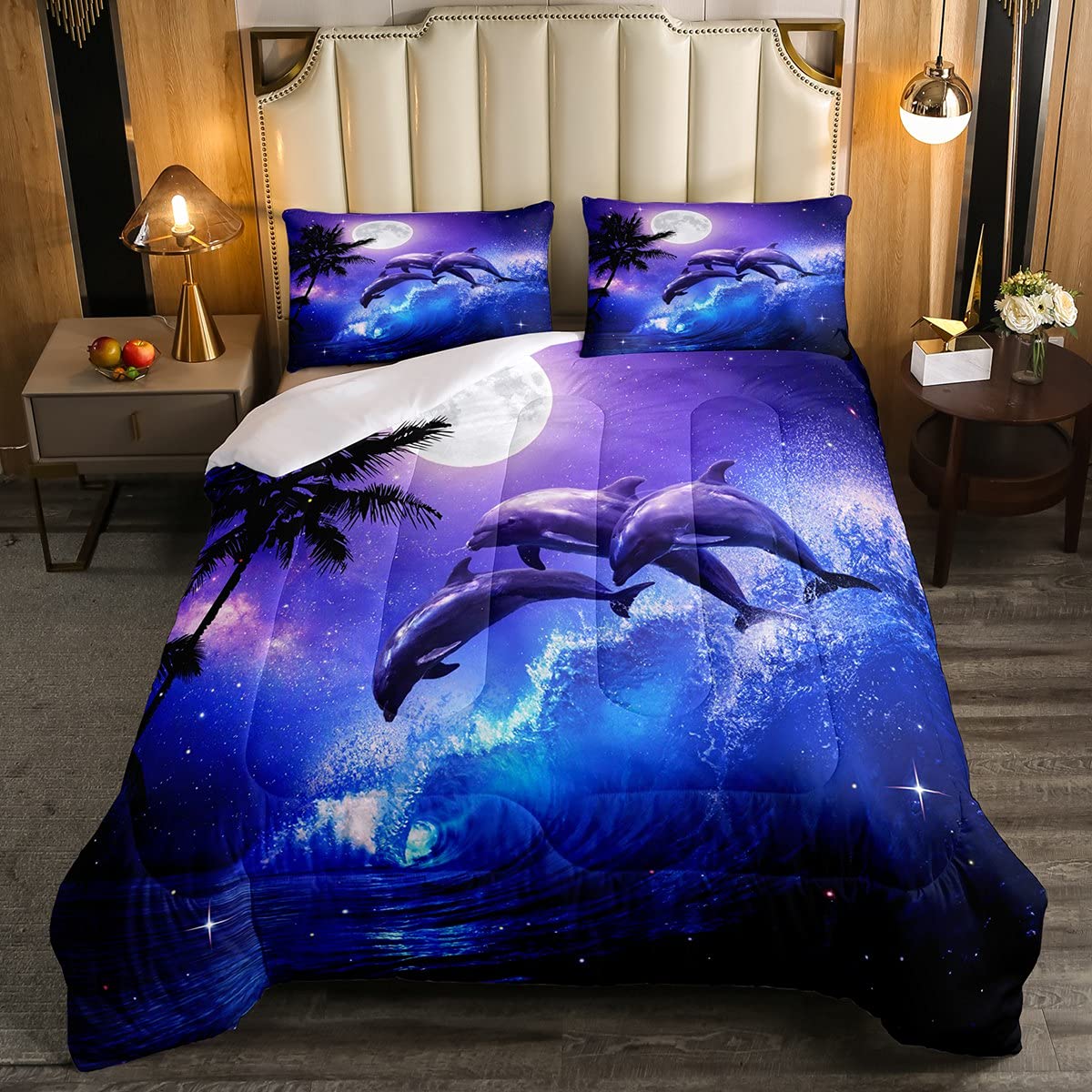 Castle Fairy Dolphin Comforter Set Twin Size,Ocean Waves Duvet Insert for Kid Teen Boys Girls Room Decor,Moonlight at Night Quilted Duvet,Starry Sky Stars Quilt Cover with 1 Pillowcase