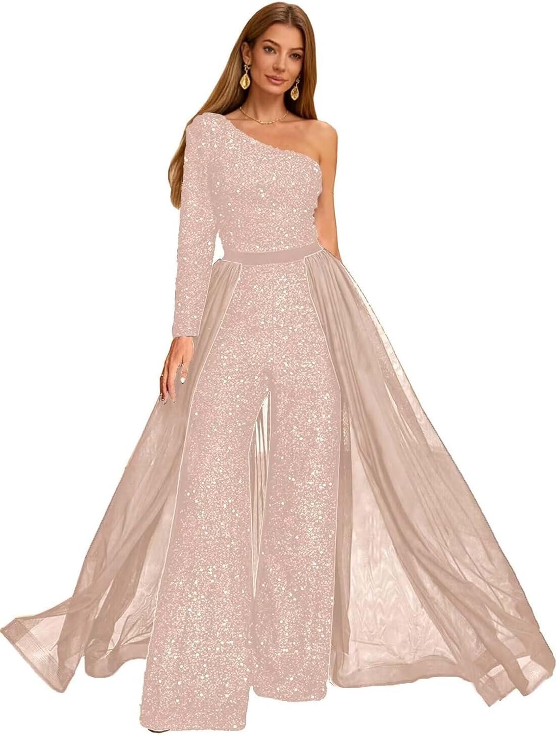 Sequins Formal Evening Party Jumpsuit One Shoulder 2 Pieces Pantsuits with Detachable Tulle Skirt 2026