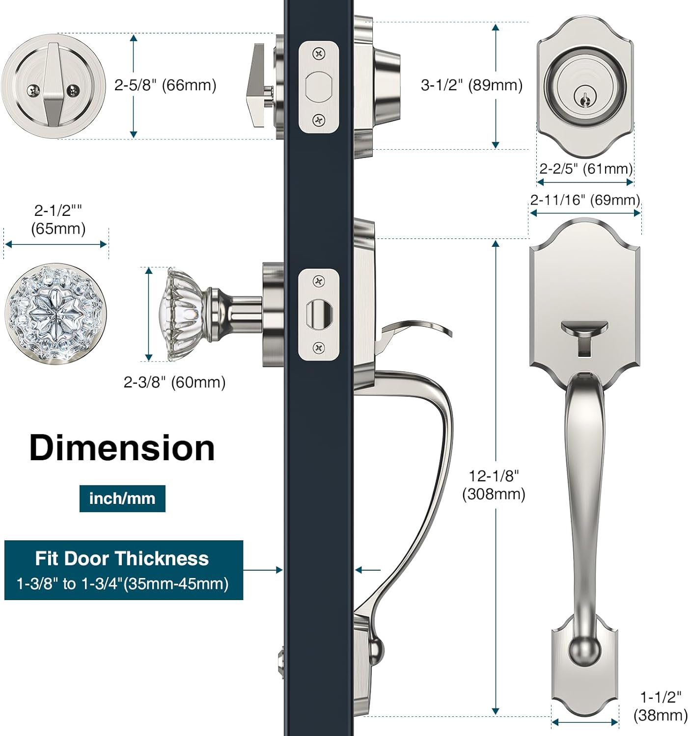 Brushed Nickel Front Door Handle and Deadbolt Set, Front Door Lock Set with Crystal Glass Door Knob, Exterior Door Lock Set with Single Cylinder, Reversible for Right & Left, Satin Nickel
