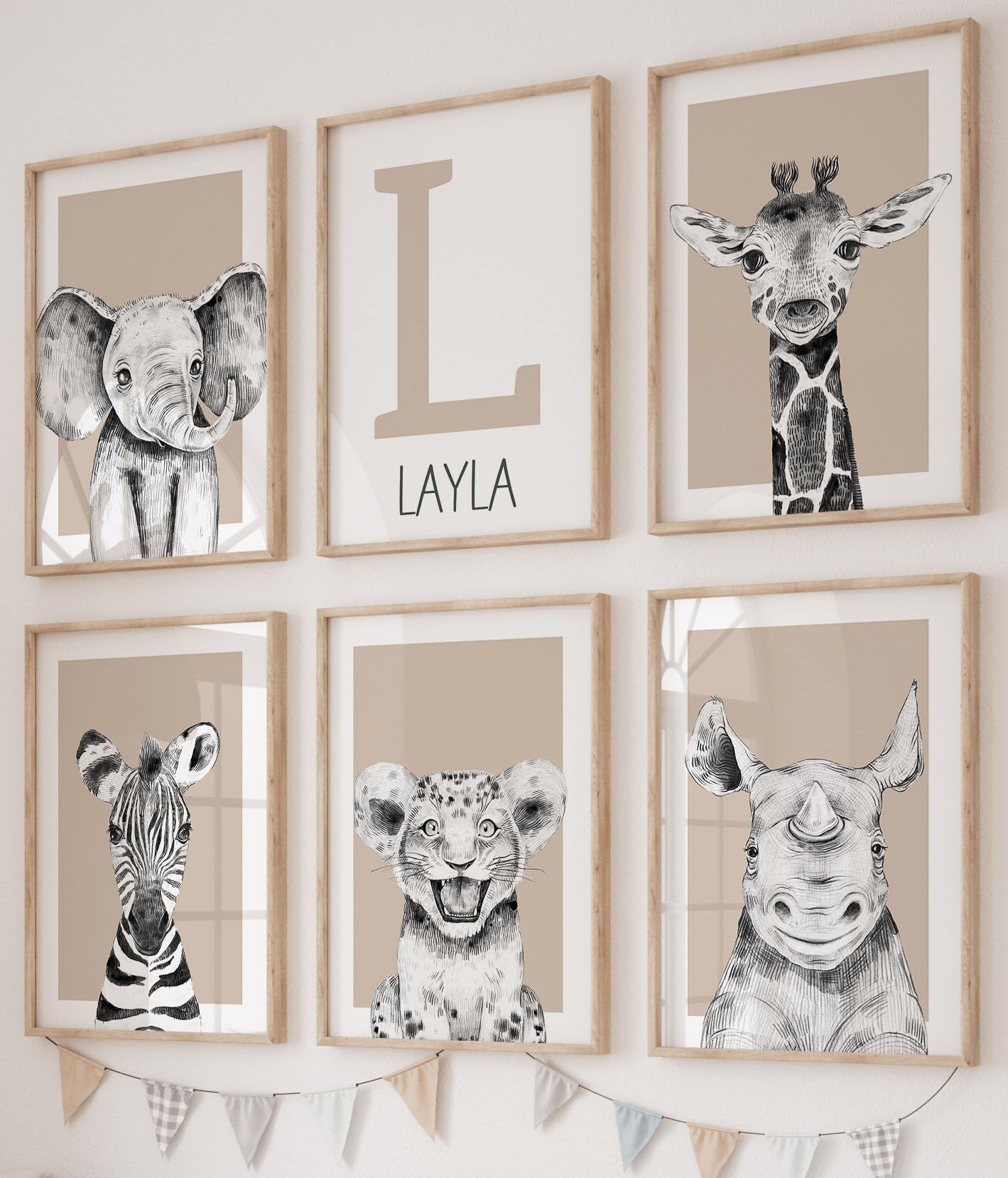 Personalised Safari Animals Set of 6 Unframed Poster Prints For Boy Girl Nursery Bedroom, Personalise Name, 5 Colour Combinations, Neutral Safari Theme Wall Art, Beige Blue Sage Blush Grey (A4) — image 1
