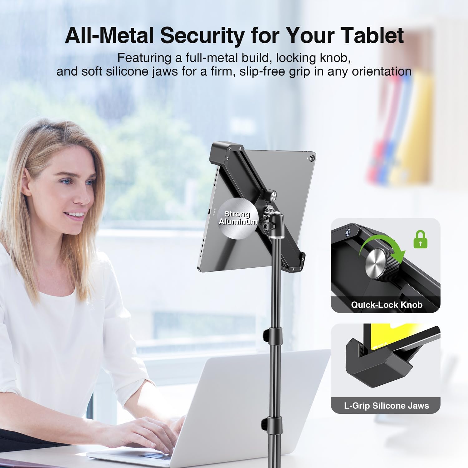 elitehood Aluminum iPad Stand with Diagonal Tablet Holder, 65” Height Adjustable iPad Tripod Floor, 360° Rotating Tablet Stand Tripod for Music Office, Compatible with All 9-14.2 Inch Tablets