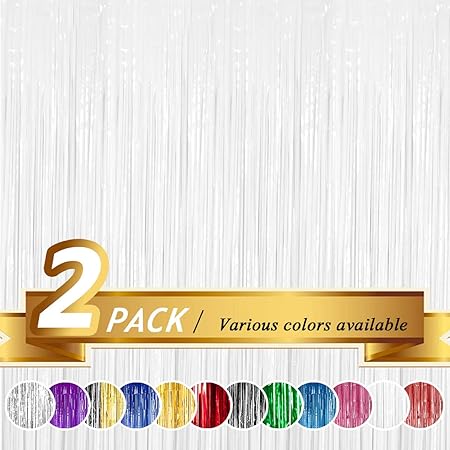 BTSD-home White Foil Fringe Curtain, Metallic Photo Booth Backdrop Tinsel Door Curtains for Wedding Birthday Bridal Shower Baby Shower Bachelorette Christmas Party Decorations(2 Pack, 6ft x 8ft)