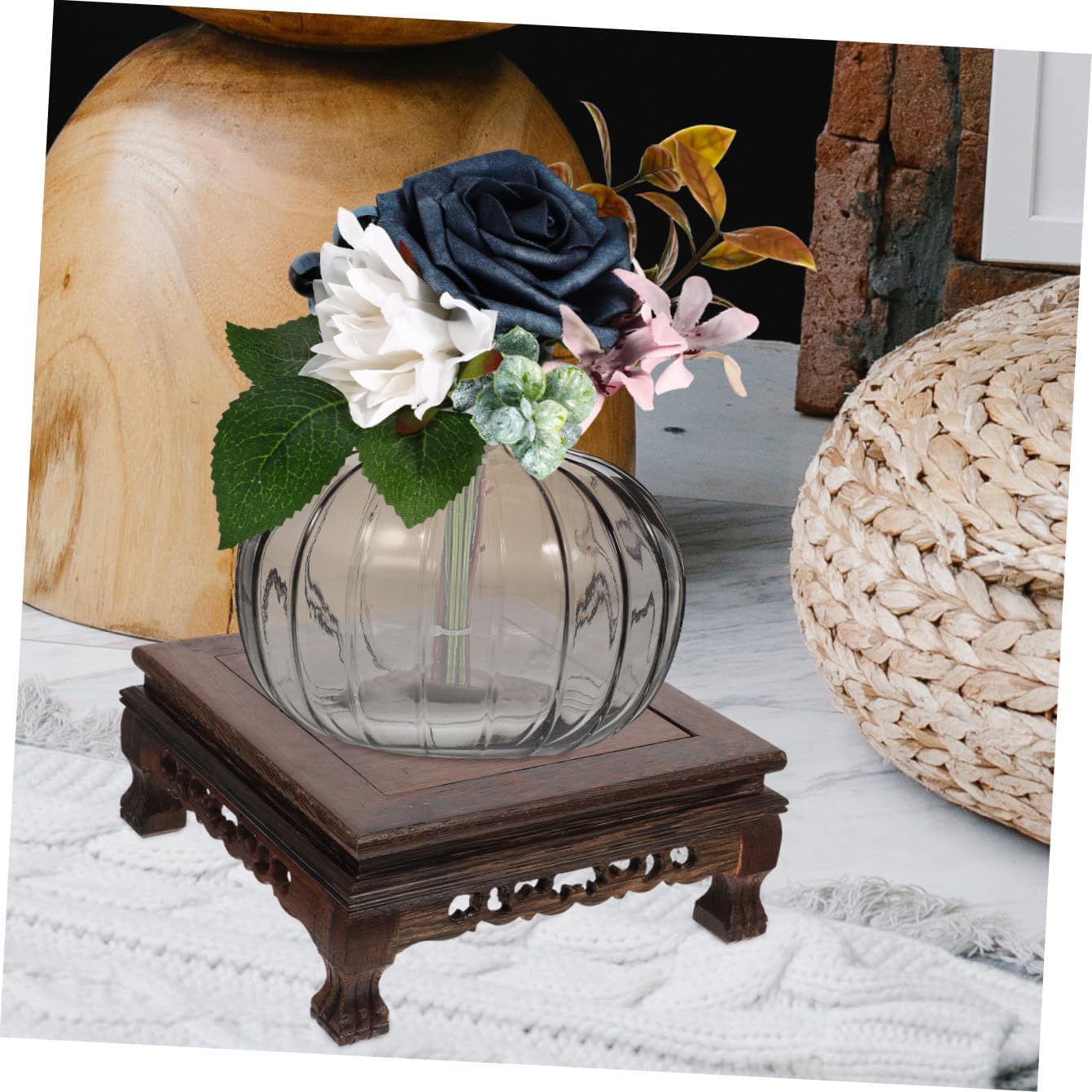 Multi-functional Wooden Carved Display Stand for Plants Antique Flower Pot Holder Base Chicken Wing Wood Suitable for Home Decor and Decorative Stands Random Style