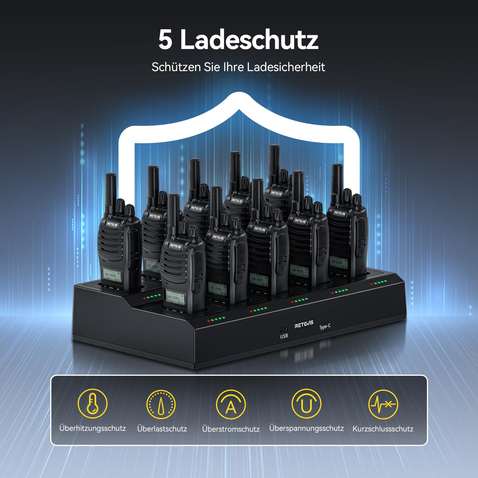 Retevis H777D Funkgeräte Professional, Walkie Talkie mit 10-Wege-Ladegerät, PMR Funkgerät LCD-Display, 1200 mAh Akku, Typ-C-Ladung, Funkgeräte Set mit Headset für Sicherheit, Hotel (10er-Pack)