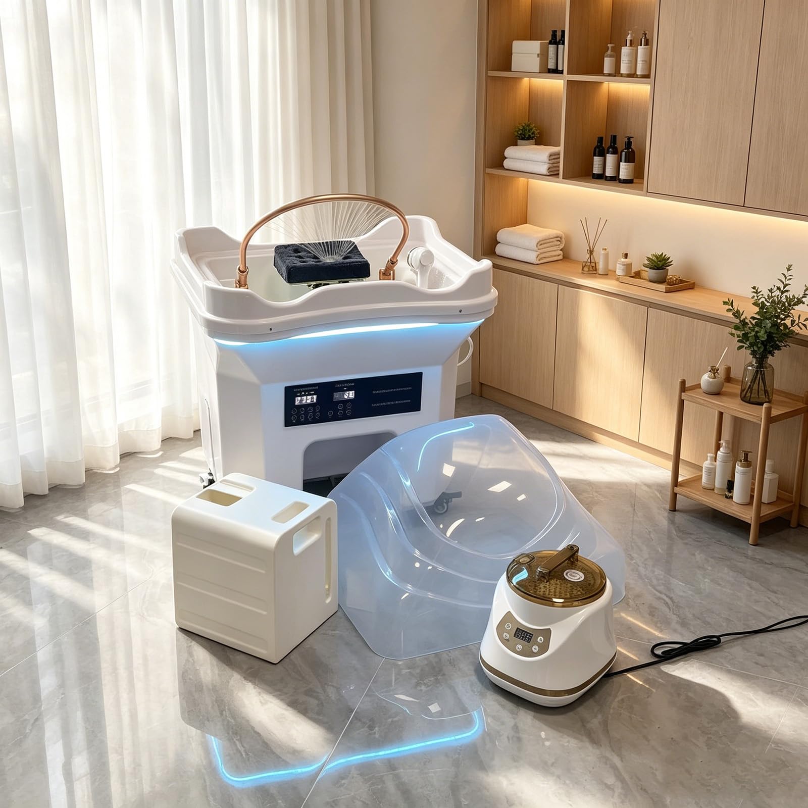 Generisch a-Ausrüstung mit Wasserfall-Spülung, Dampf & Vernebelung | Wasserzirkulations-Shampoobecken 60 L+Aufgerüsteter 20 L Abwassertank | Head Spa Waschbecken (White)