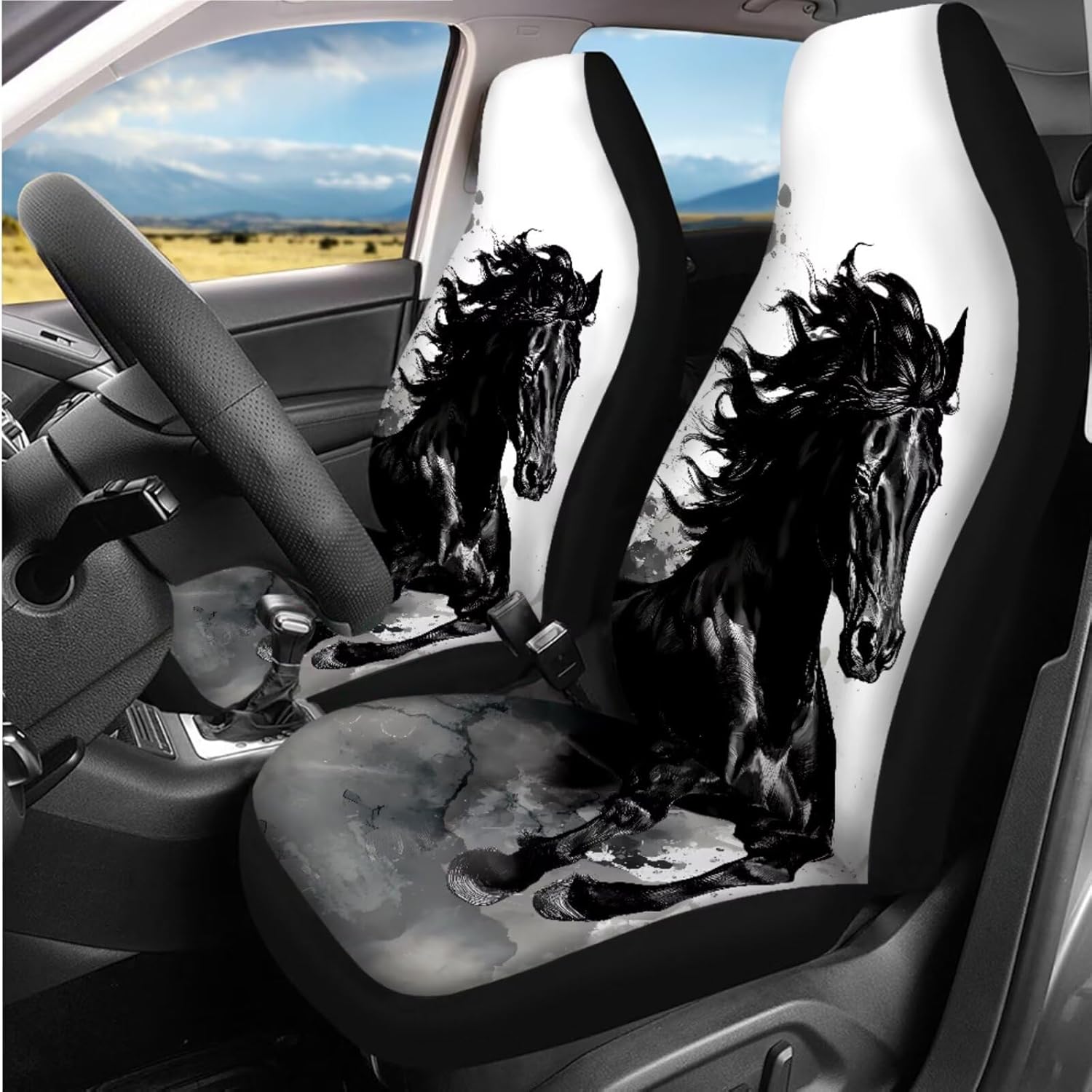 Horse Car Seat Covers, Black Horse Car Accessories Full Set with Steering Wheel Cover Men Center Console Pad, Seat Belt Cover Universal Fit SUV Truck Auto Interior Decorations 14 Pcs