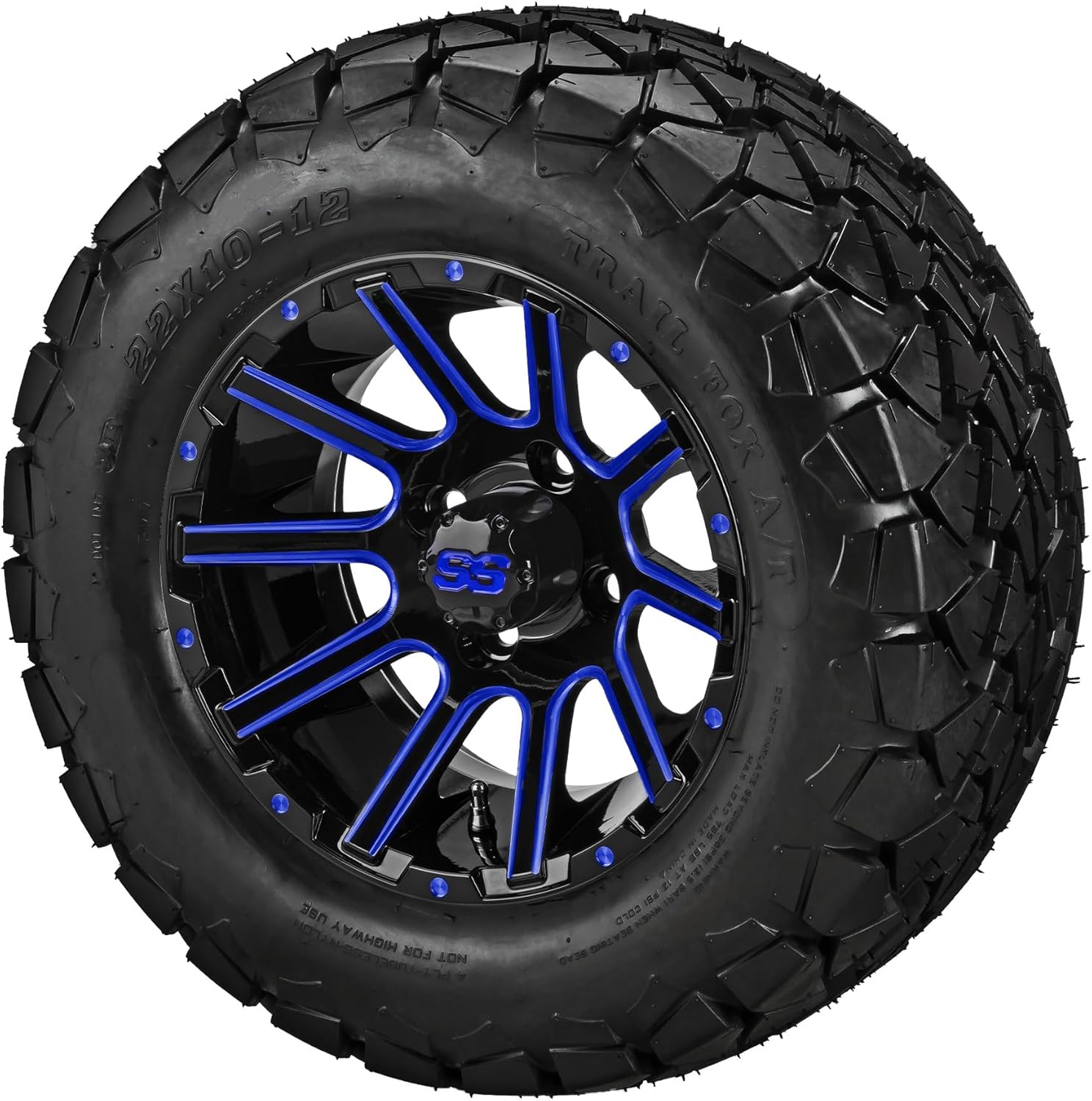RM Cart 12" Venom Black/Blue Ball-Milled on 22x10-12 Trail Fox DOT Tires (Set of 4) | Golf Cart Tires and Wheels Combo with Metric Lug Nuts