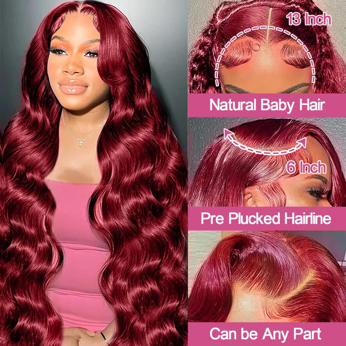 QZOQZO 99J Burgundy Lace Front Wigs Human Hair 13x6 HD Transparent Body Wave Lace Front Wigs Pre Plucked 99j Burgundy Red Wine Glueless Human Hair Wigs for Women Reddish Brown 180% Density 30 Inch