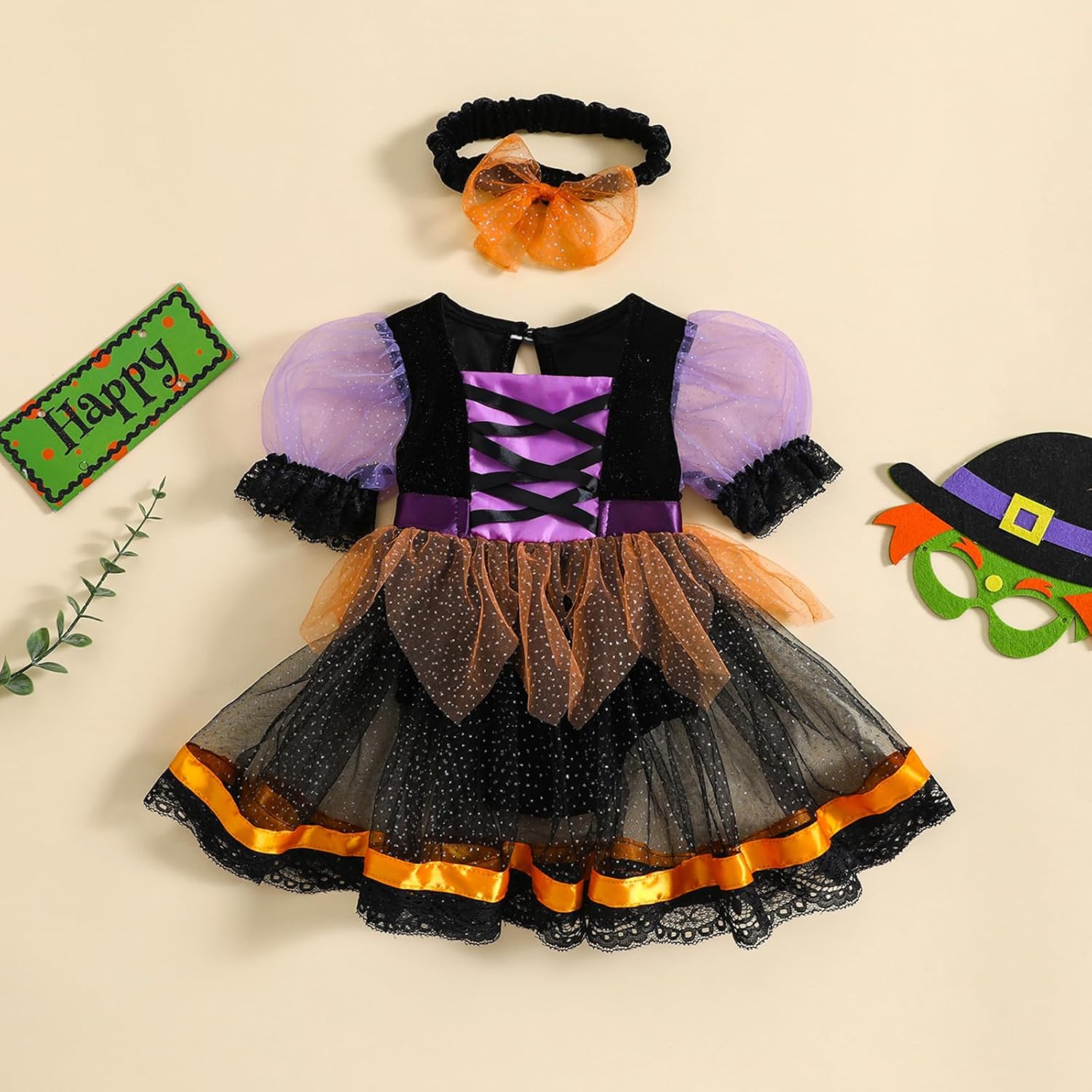 Baby Girl Halloween Witch Clothes Puff Short Sleeve Mesh Tulle Romper Dress Spider Lace Tutu Dress Party Outfit
