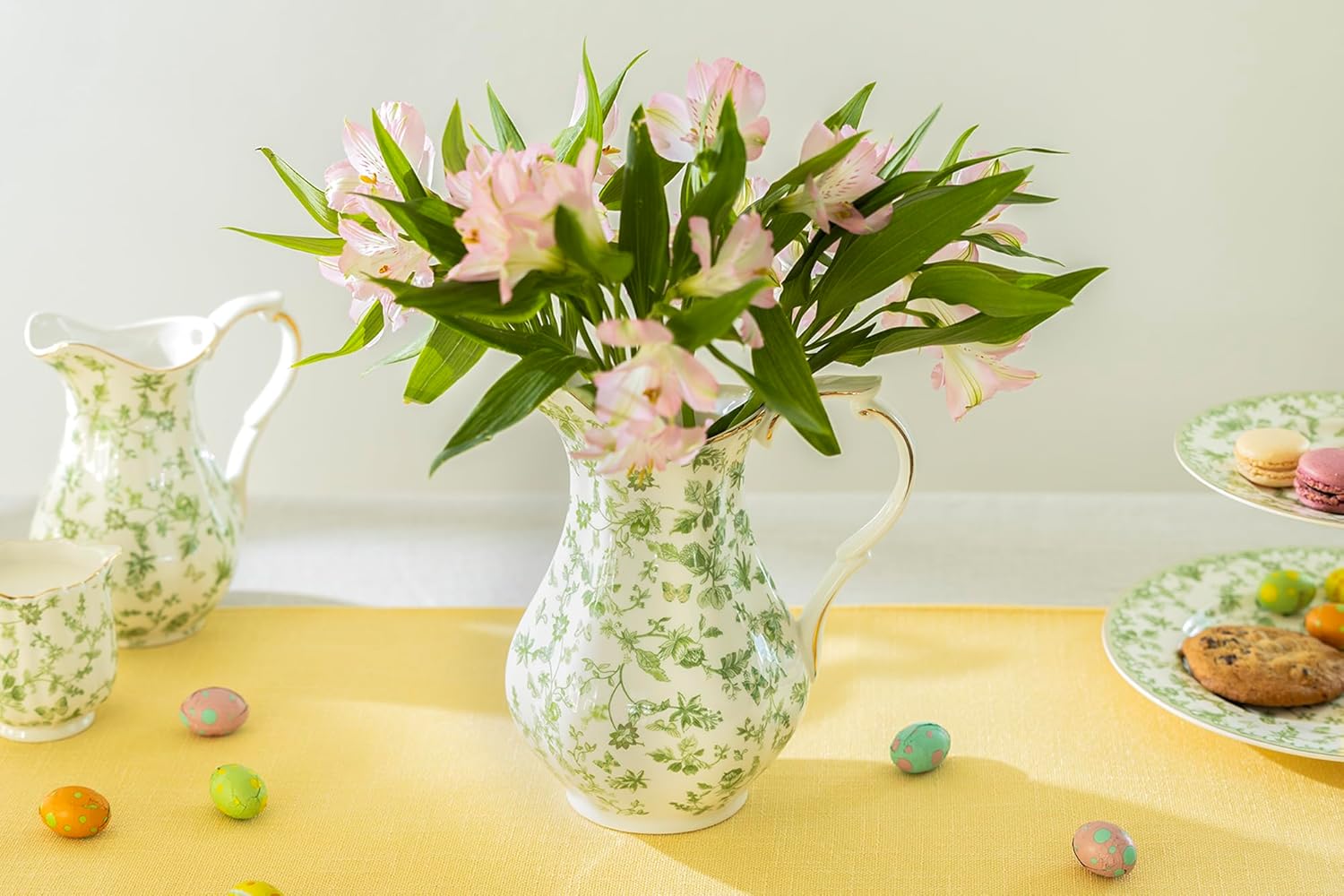 Greeny Garden Fine Porcelain 9-inch Tall Large Pitcher, 48oz Capacity, Serving Water, Juice, Beverages, Can Be Used As Vase, Easter Spring Nature-Inspired Home Decor