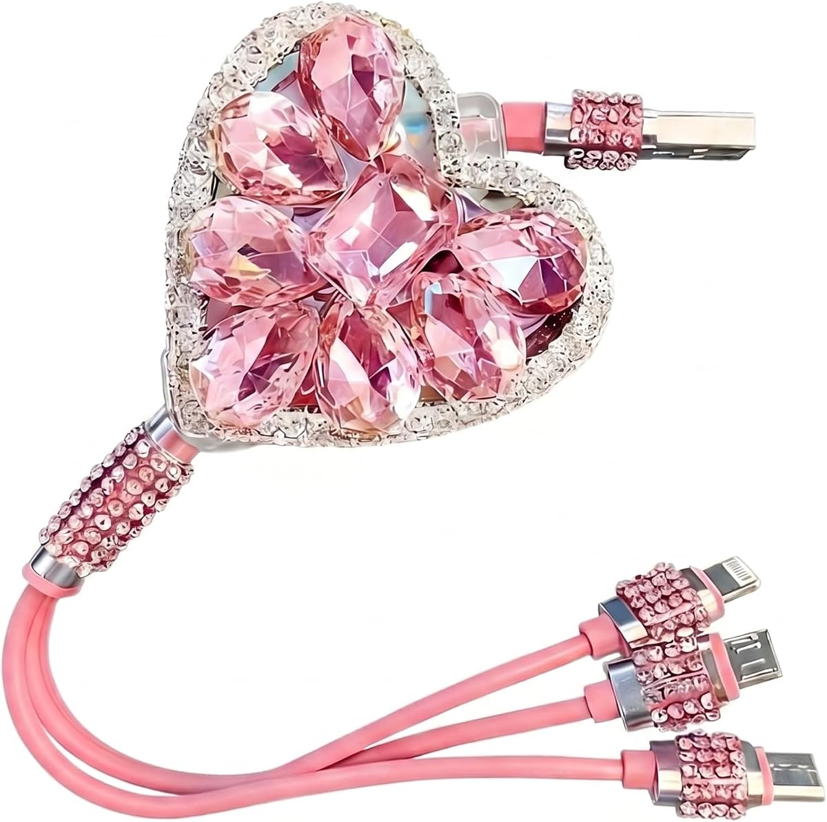 1 PC 3 in 1 Retractable Car Charger Cable, Heart Shaped Diamond Rhinestone Design, Fast Charging Cord for Phones Tablets, Universal for Most Cars, Trucks, SUVs (Pink)