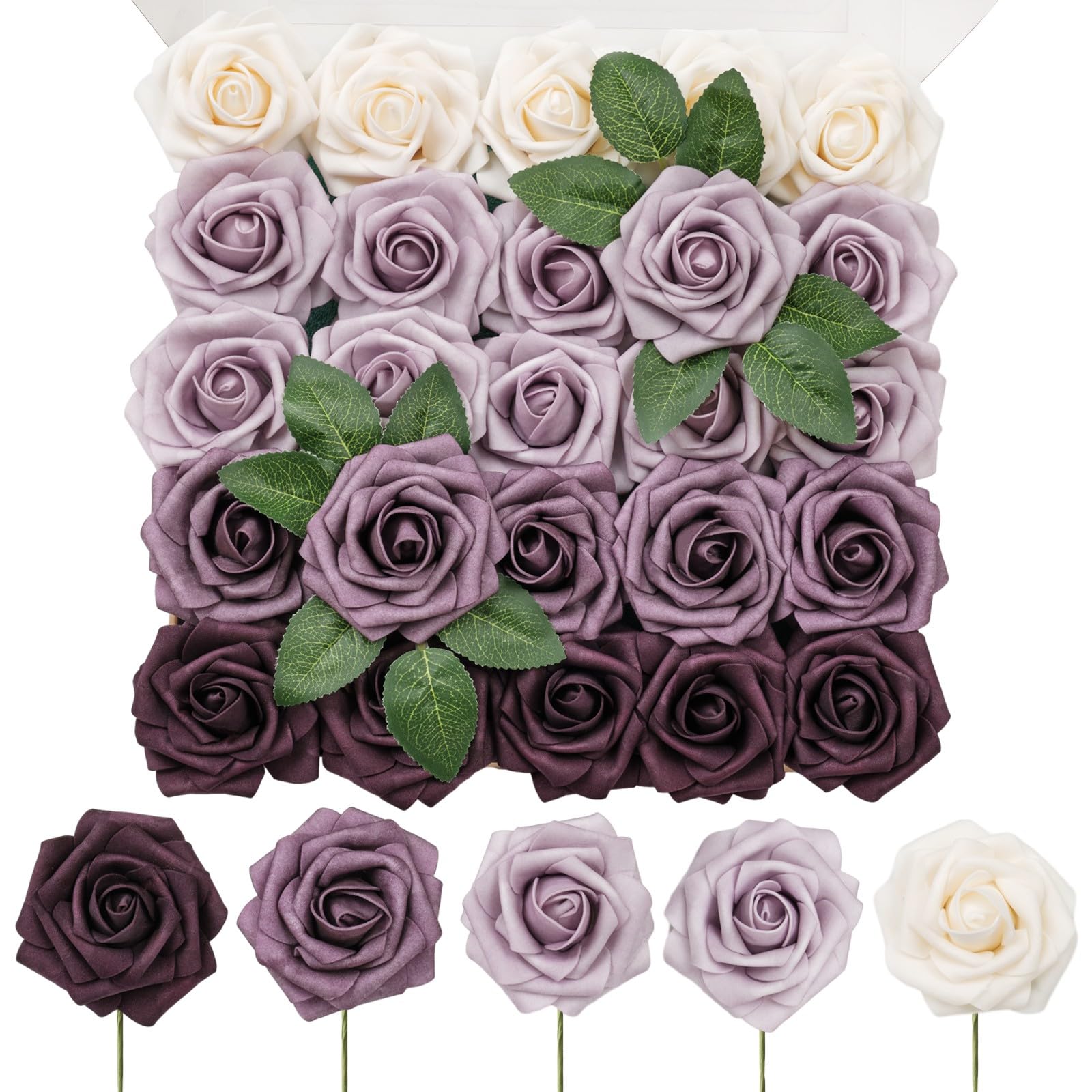 TINGE TIME Artificial Flowers Dark Purple 25pcs Fake Roses with Stems Leaves for DIY Wedding Bouquets Centerpieces Baby Shower Bridal Party Arrangements Decorations