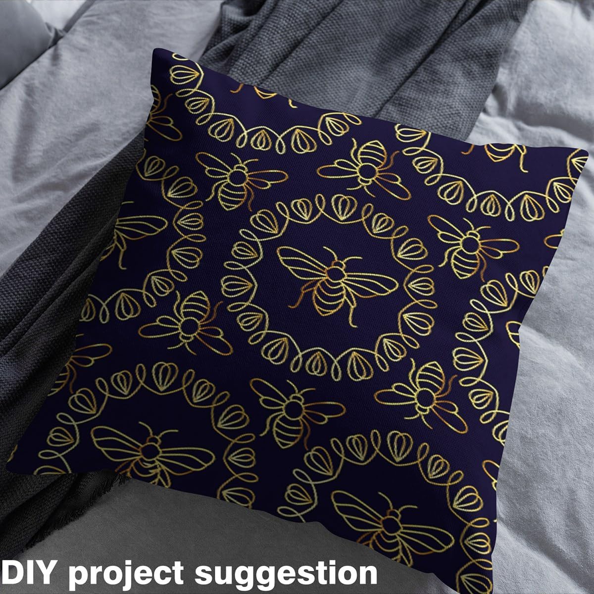 Tribal Style Decorative Fabric by The Yard Abstract Bee Animal Indoor Outdoor Upholstery Fabric Golden Flower Circle Dark Blue Fabric for Quilting Sewing Arts DIY Craft,2 Yards
